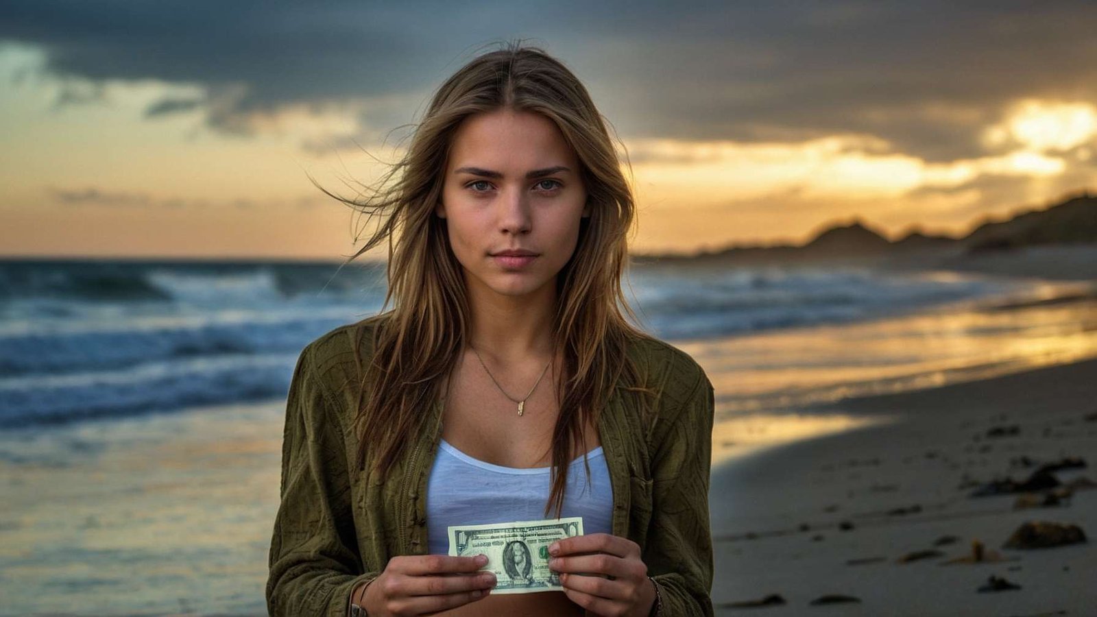 Woman enjoying beautiful sunset holding money