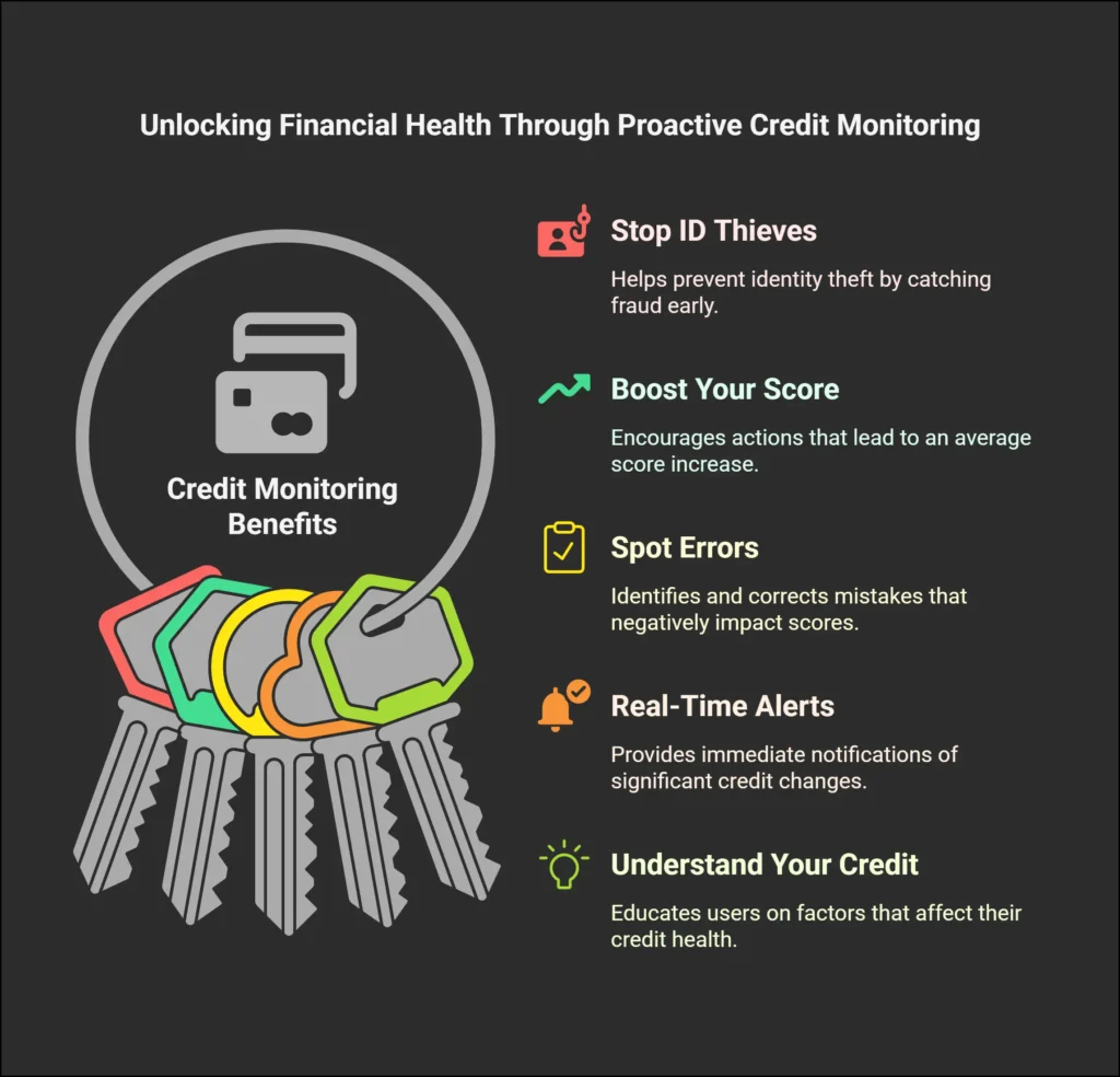Infographic describing the 5 key reasons to monitor your credit.
Protect yourself from identity theft
Catch mistakes on your credit report
Keep track of your credit score
Get alerts about suspicious activity
Understand what affects your credit
