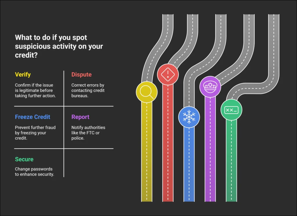 infographic describing the steps to take when you notice a suspicious activity with your credit.