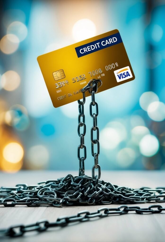 A credit card floating above a tangled mess of chains, with a clear path leading away from debt