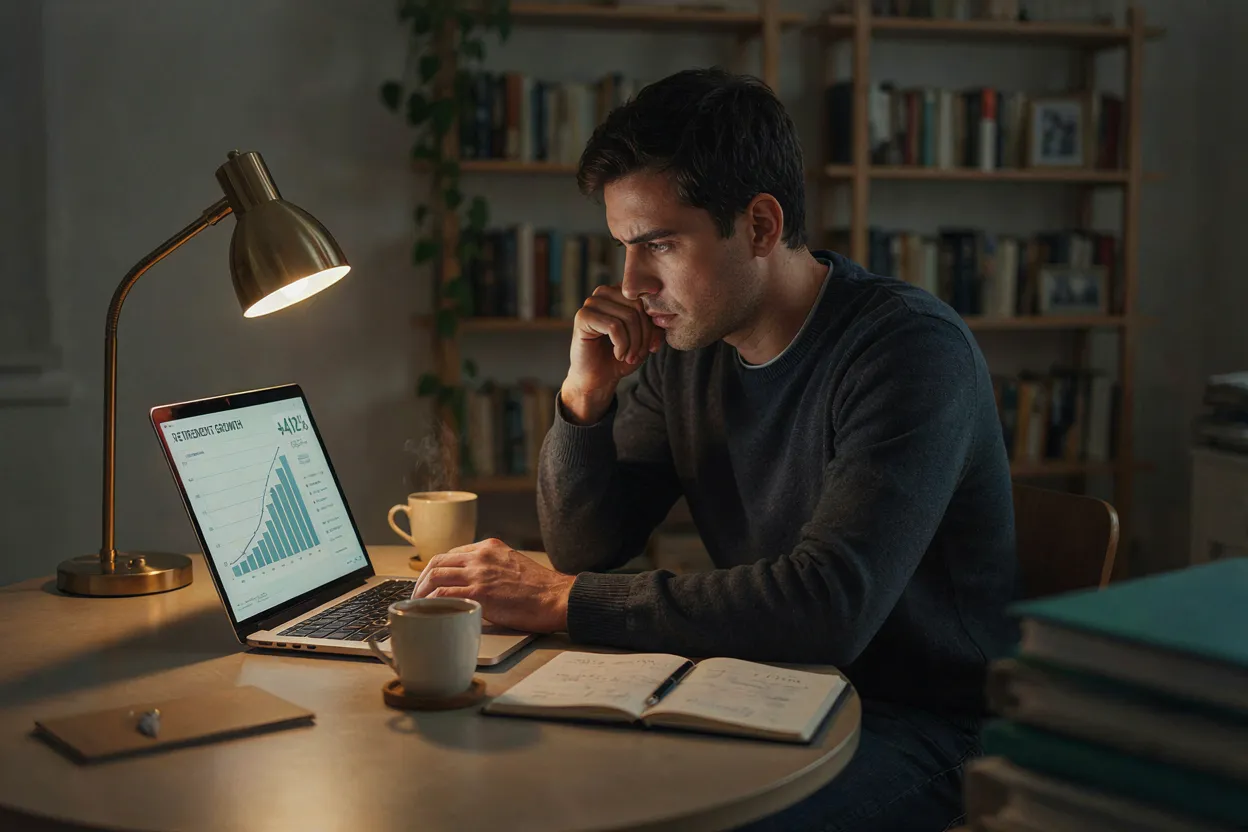 Person sitting at desk with laptop showing retirement account growth charts and financial planning