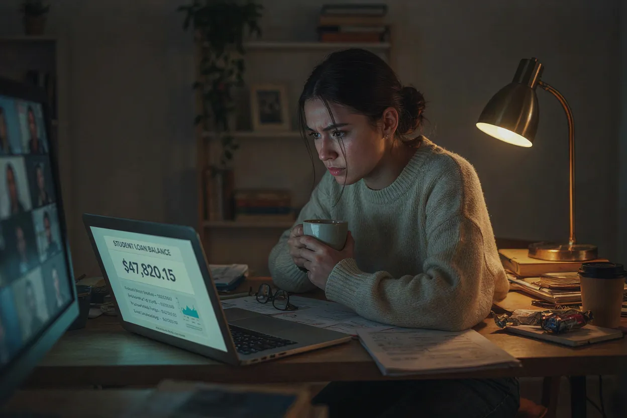 Person looking worried at laptop screen showing student loan balances and debt