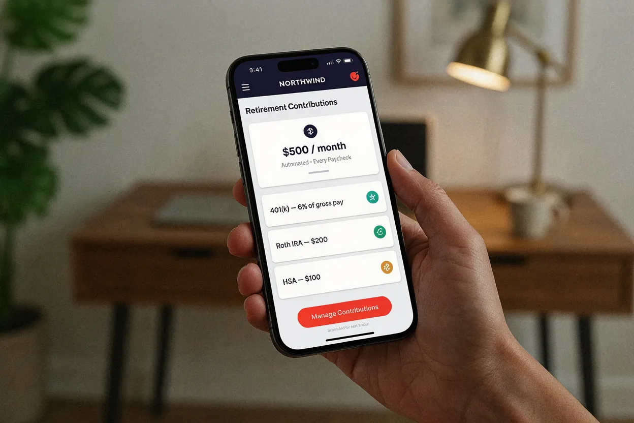 Smartphone screen showing automated retirement savings contributions scheduled