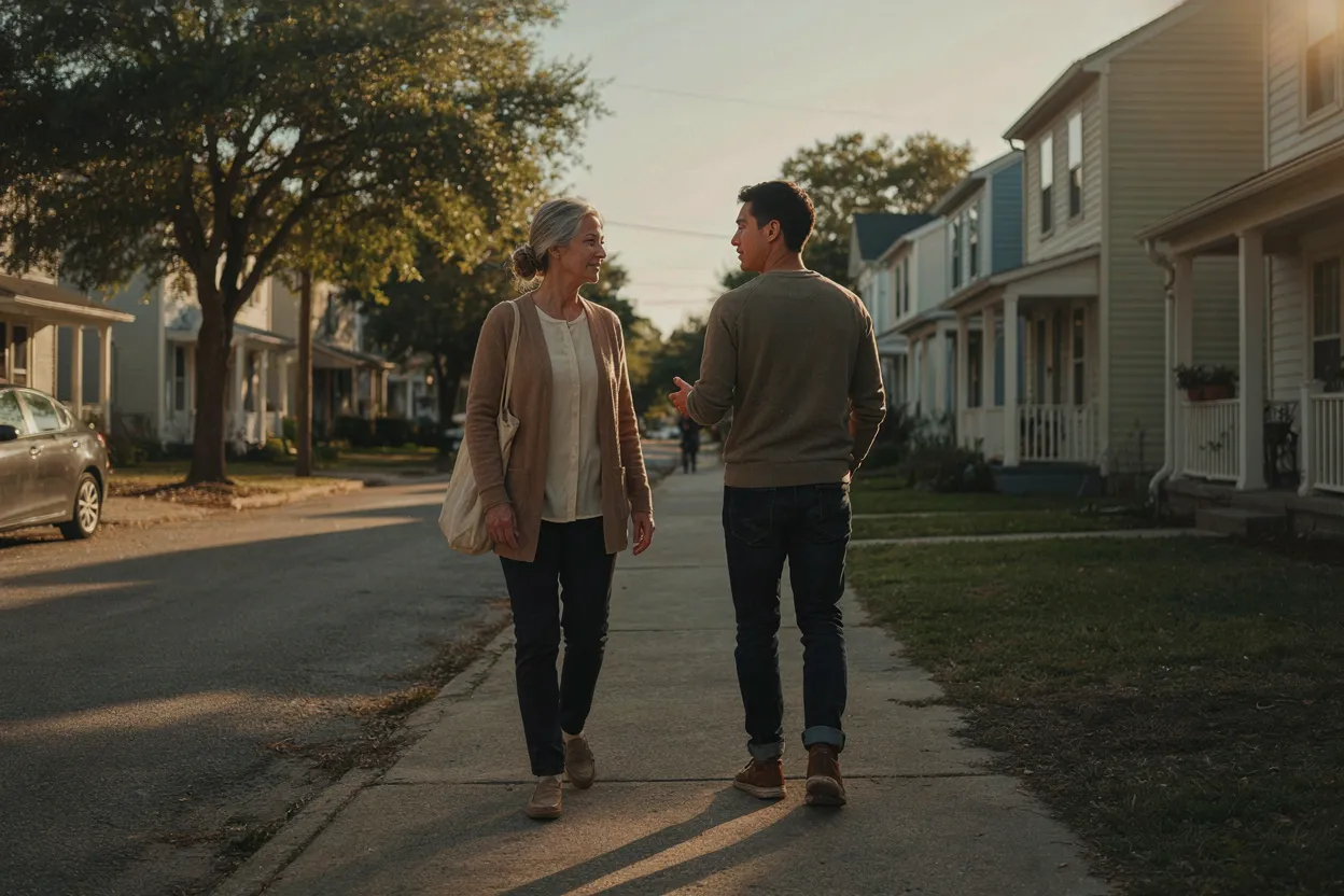 Older and younger person walking together representing generational financial planning and wealth building