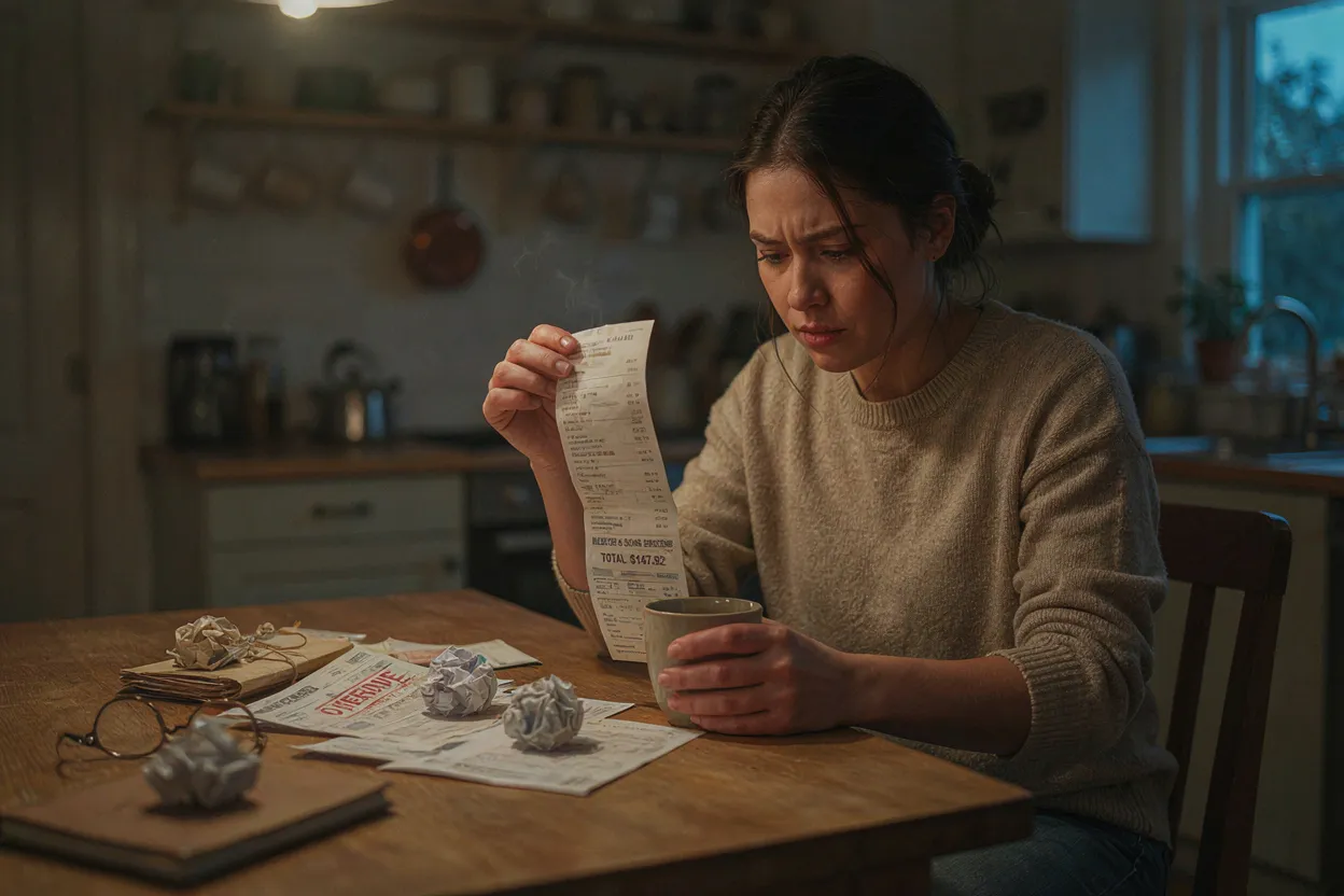 The math isn't the problem. The brain is. A person sitting at a kitchen table looking at a receipt with a confused expression, warm overhead lighting, muted tones