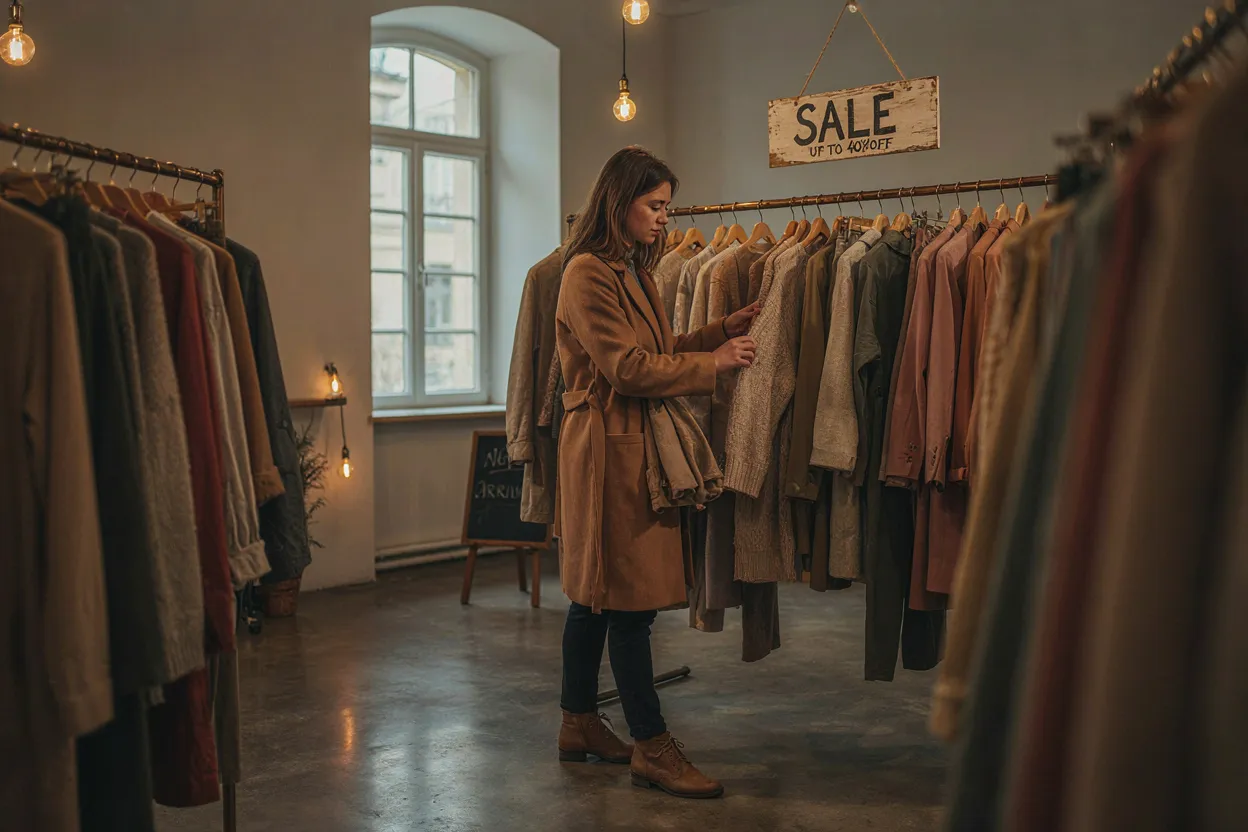 The sale price isn't information. It's an anchor. A person looking at a clothing rack with a sale sign, looking tempted, warm store lighting, shallow depth of field