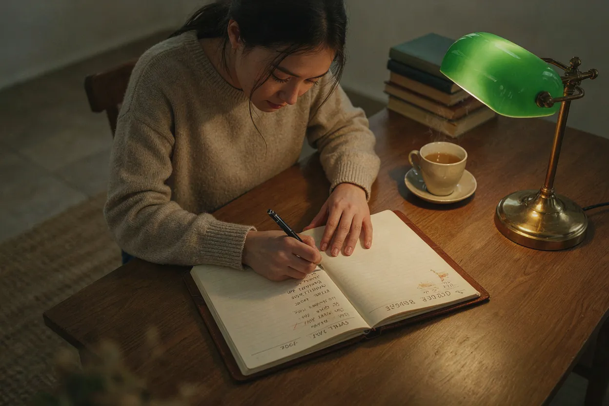 Tracking isn't about judgment. It's about data. A person writing in a budget journal at a desk, tracking spending, warm desk lamp lighting, muted earth tones