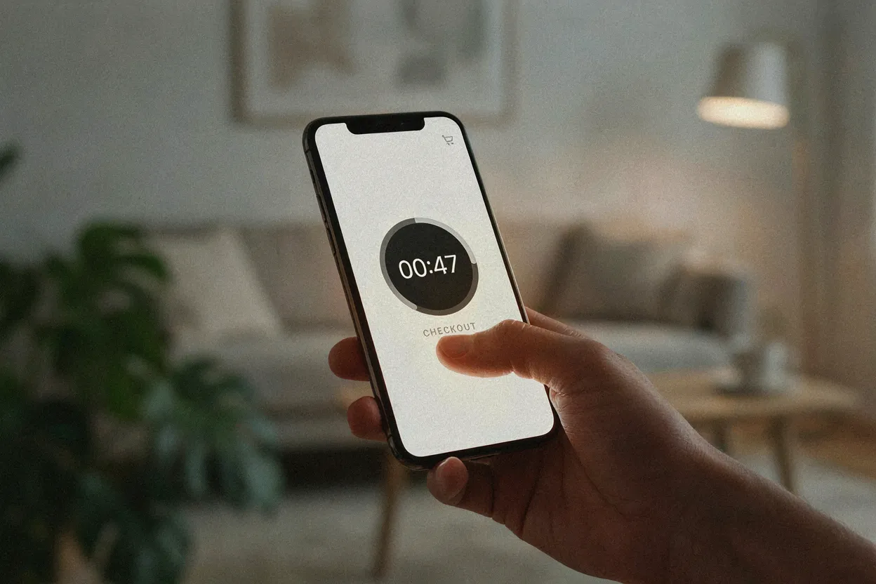 The 24-hour rule isn't about deprivation. It's about letting the impulse pass. A smartphone showing a 24-hour timer next to a shopping cart icon, warm screen glow against a blurred background