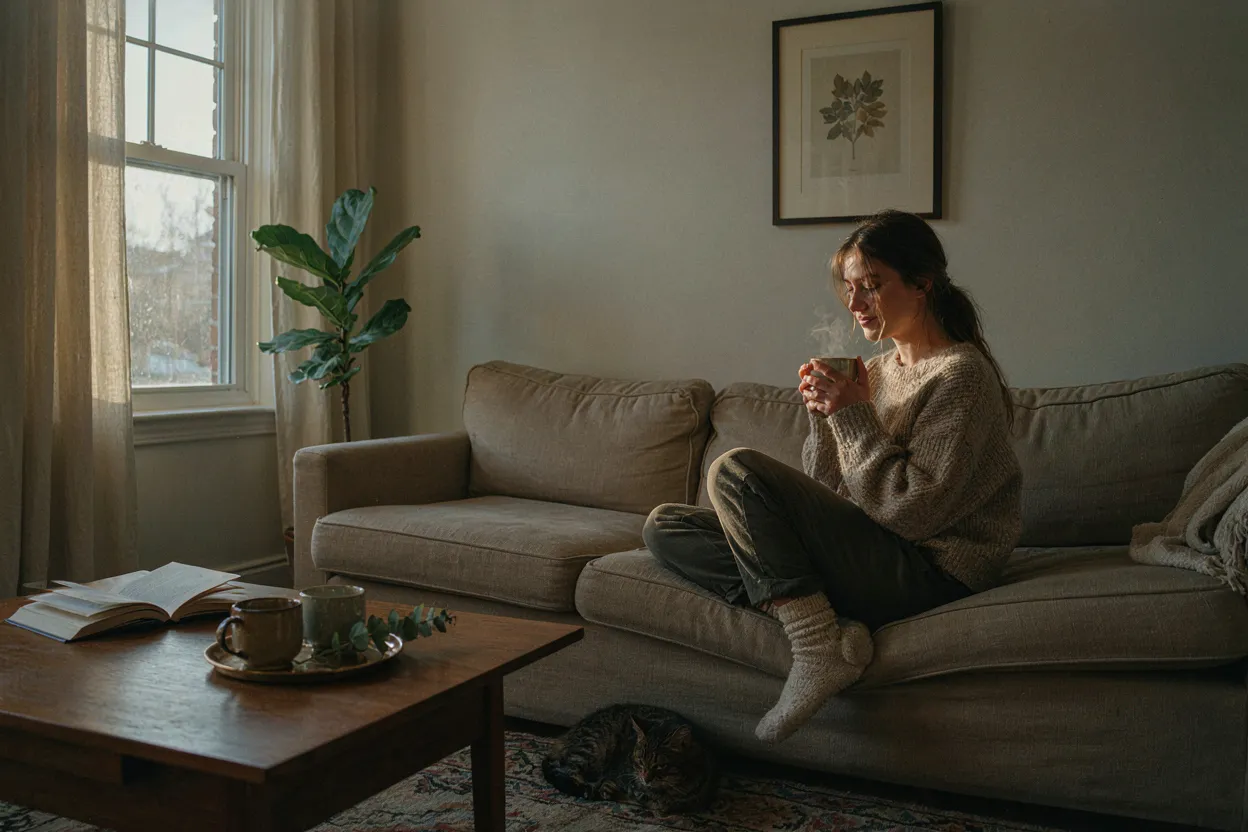 The goal isn't perfect decisions. It's fewer biased ones. A person sitting on a couch looking content with a cup of tea, no phone or shopping visible, warm evening light