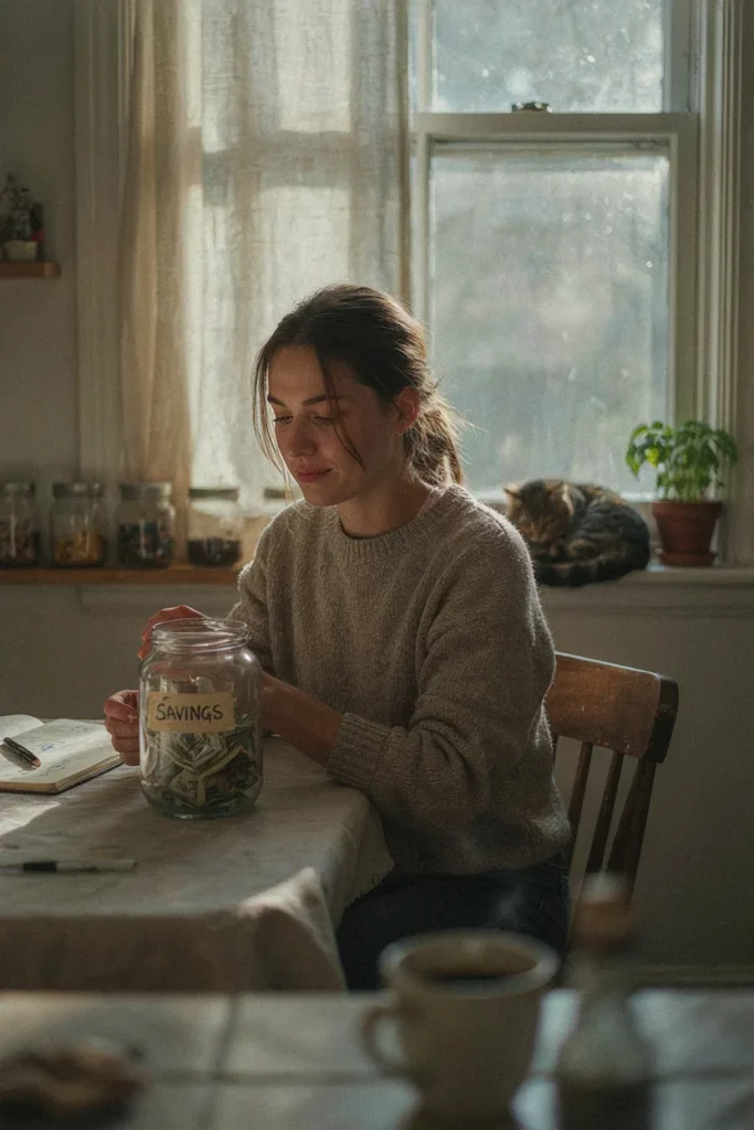 Person sitting at a kitchen table looking at a savings jar filled with cash, planning emergency fund savings