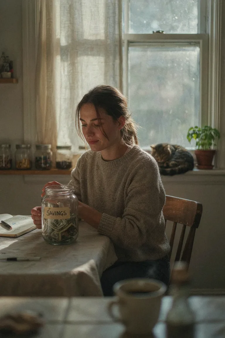 Person sitting at a kitchen table looking at a savings jar filled with cash, planning emergency fund savings