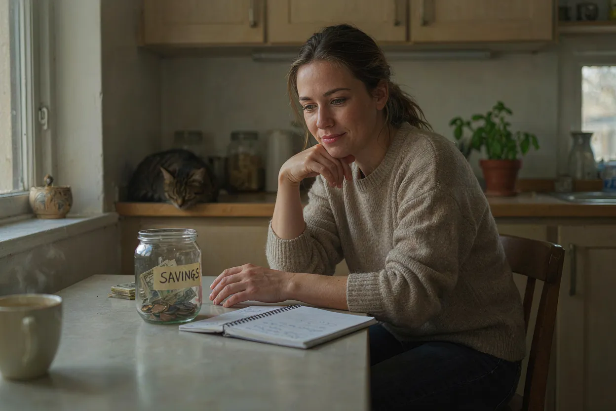 Person planning emergency fund savings at kitchen table with cash savings jar and notebook