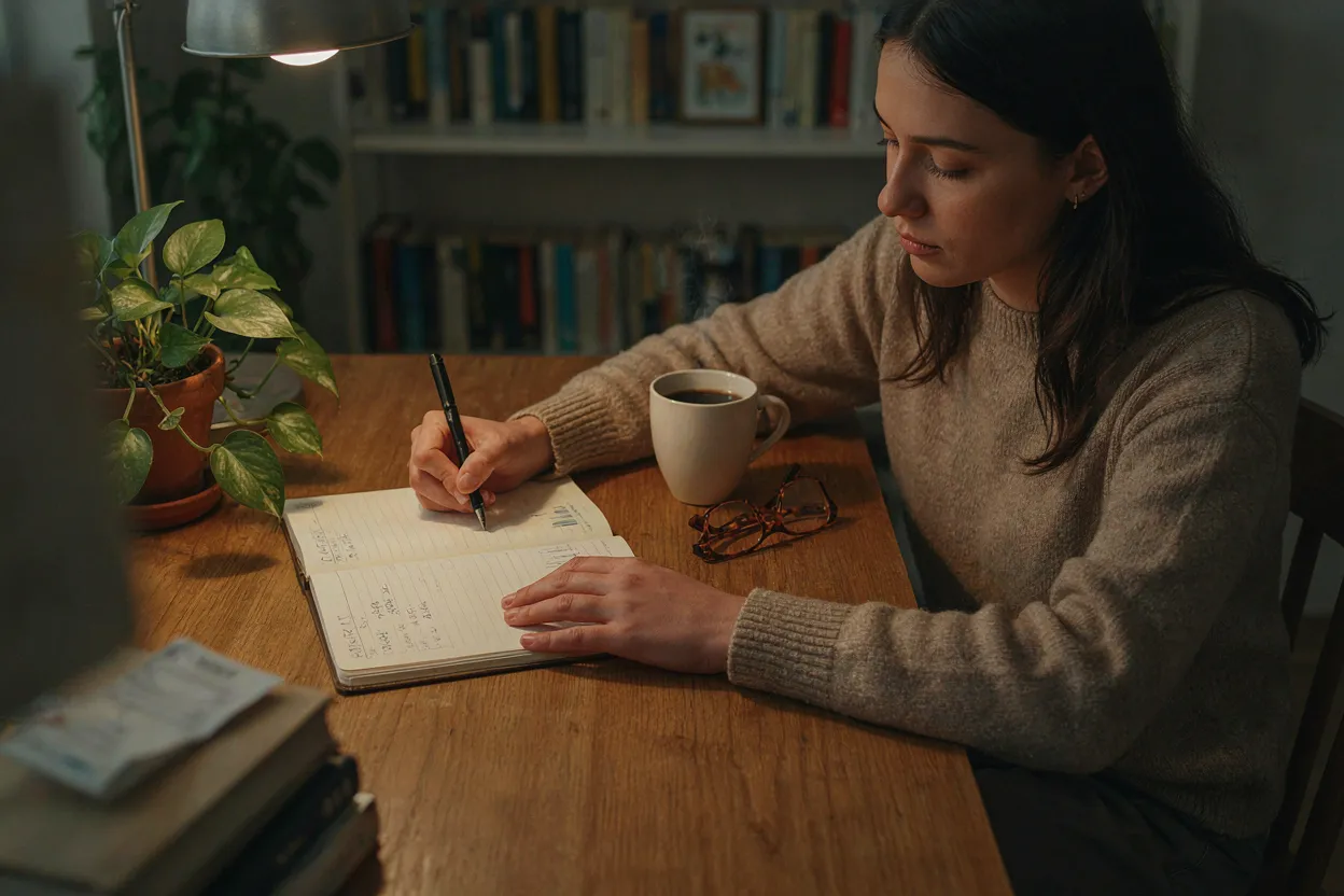 Person writing in budget planner notebook at desk, planning emergency fund contributions