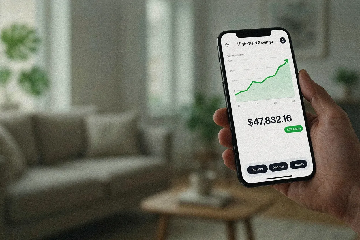 Smartphone showing high-yield savings account balance for emergency fund