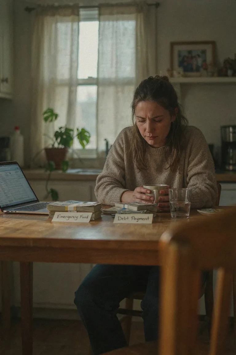Person at kitchen table looking at two piles of money representing emergency fund vs debt payment decision