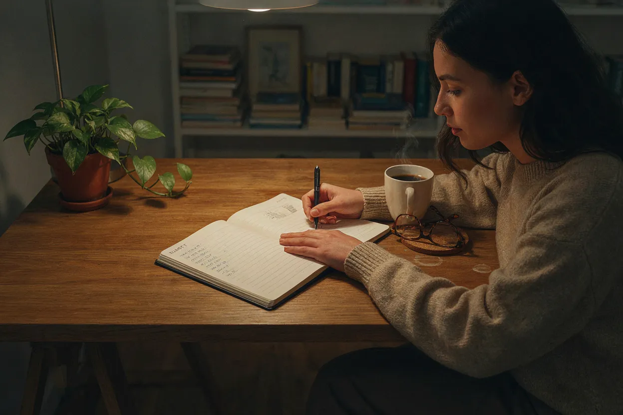 Person writing in budget planner notebook, planning emergency fund and debt payments