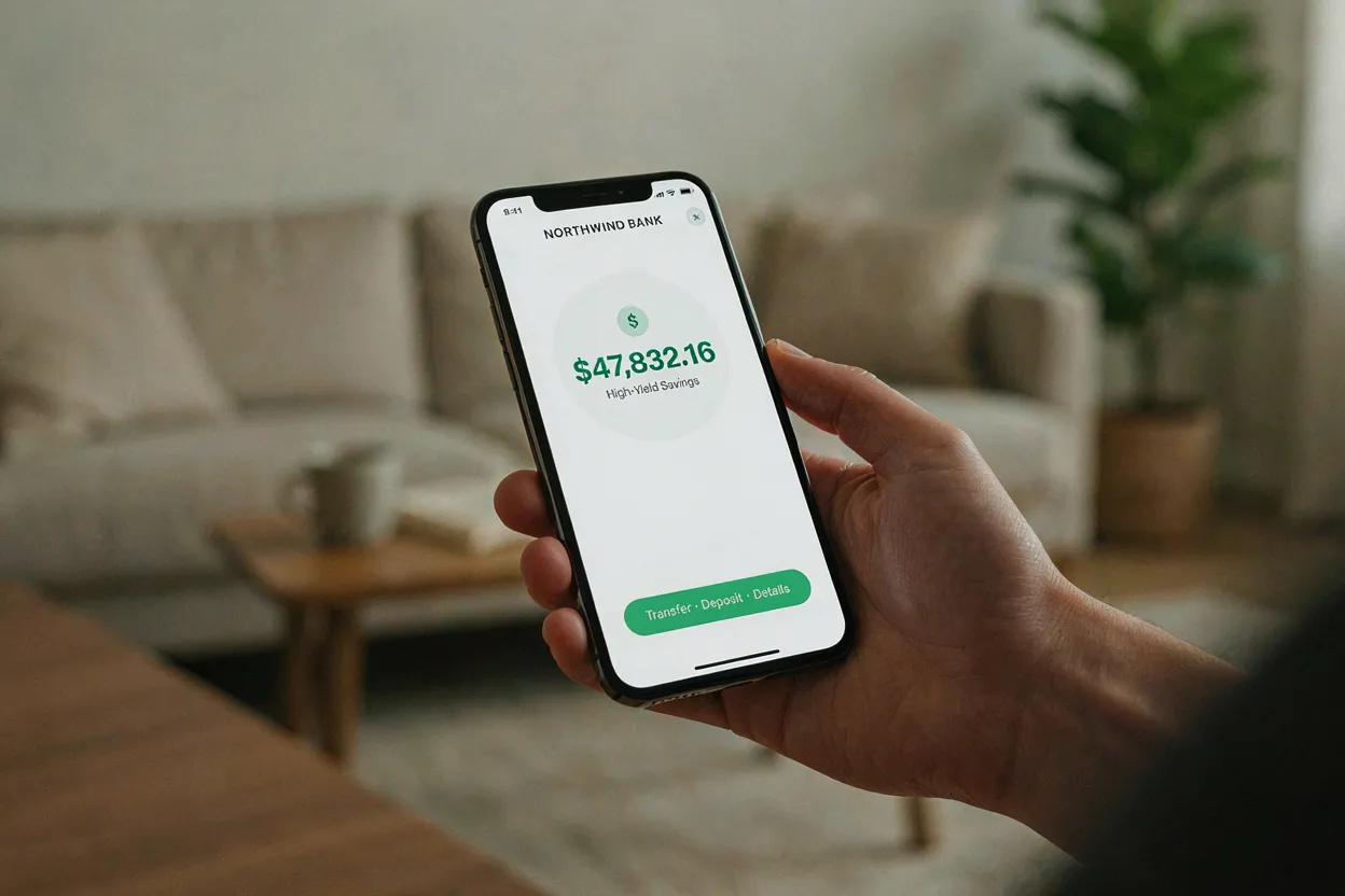 Smartphone showing emergency fund savings account balance