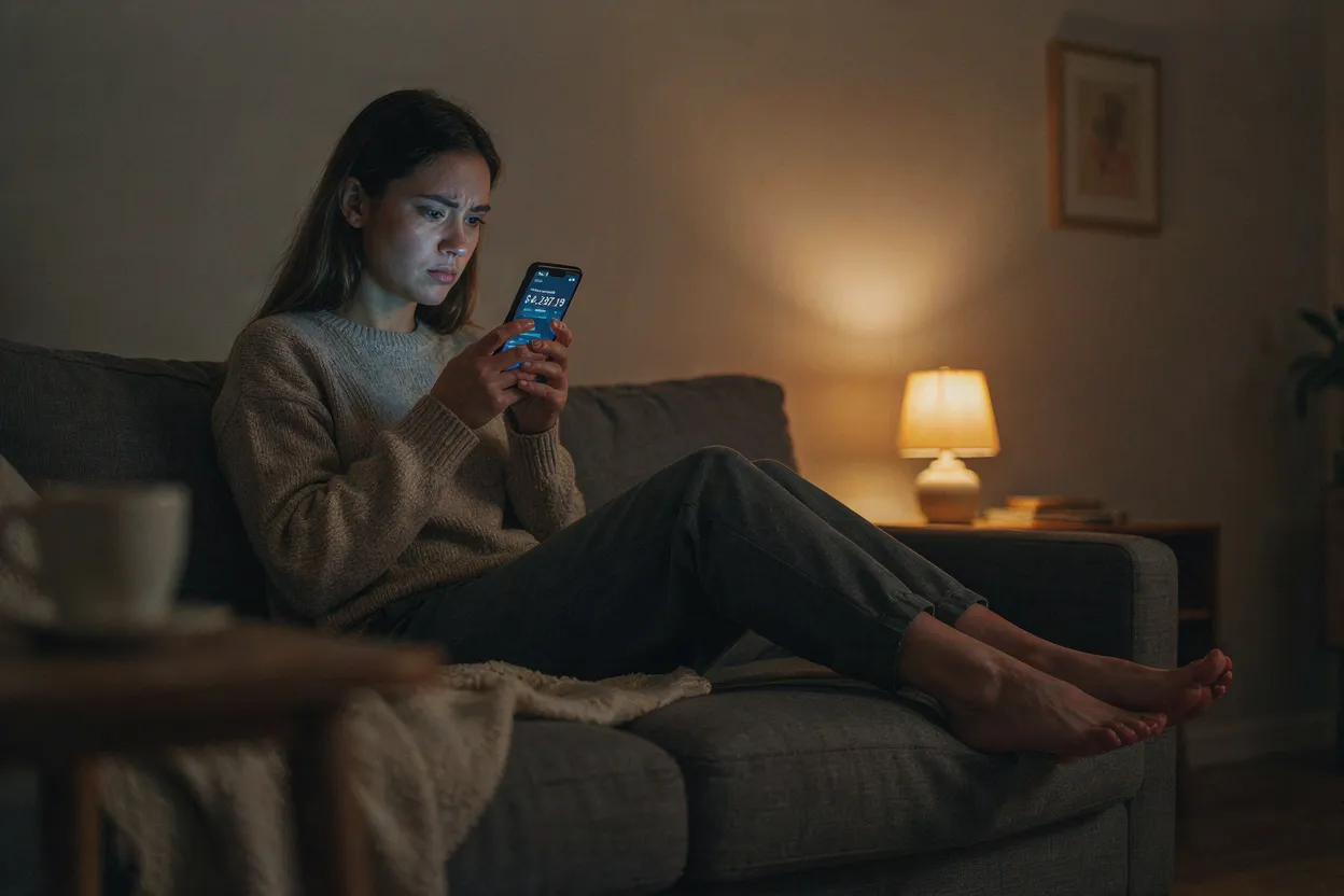 A person looking at a banking app on their phone with a worried expression, warm lighting, muted tones