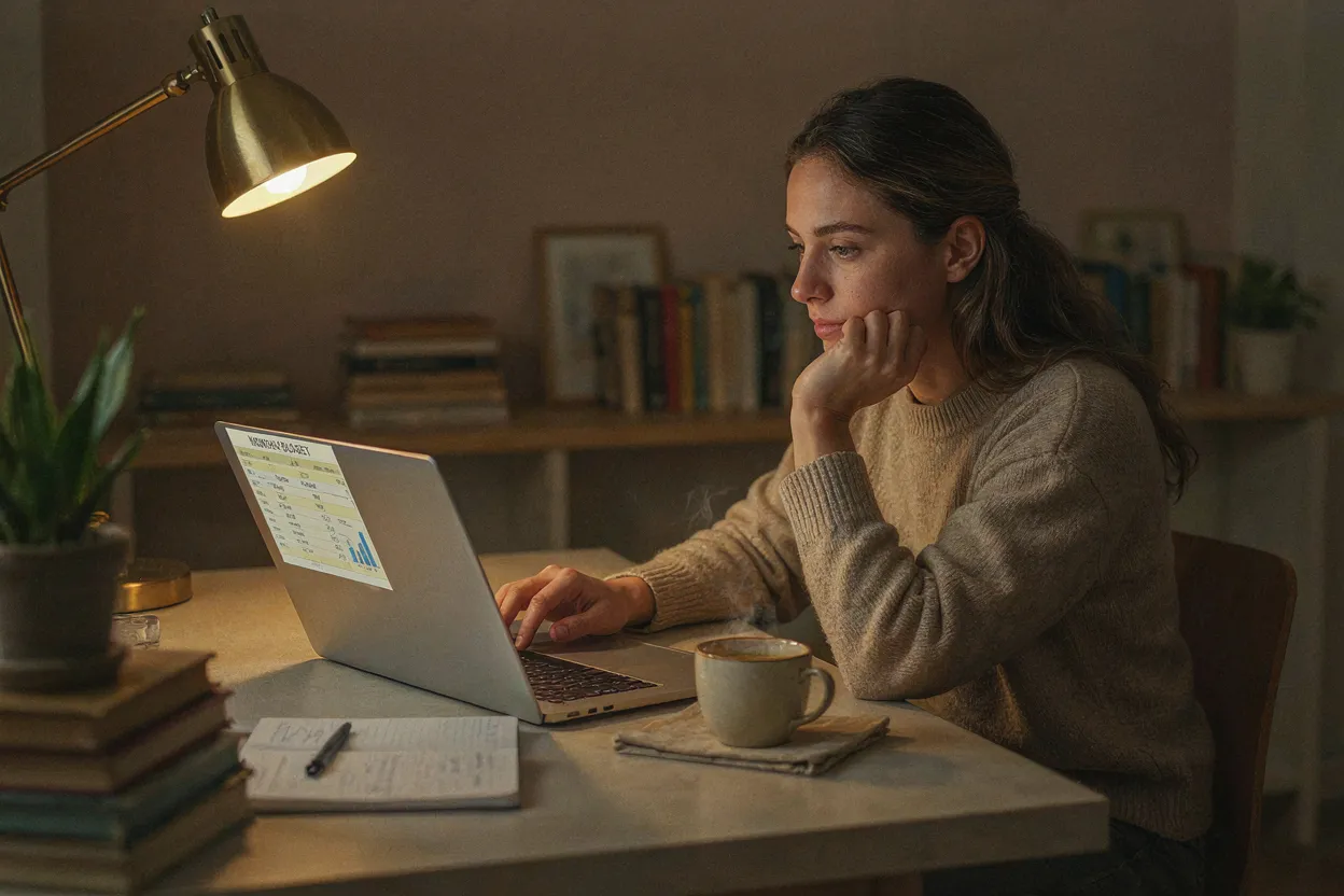 A person sitting at a desk with a laptop showing a budget spreadsheet, looking thoughtful but not stressed, warm desk lamp lighting