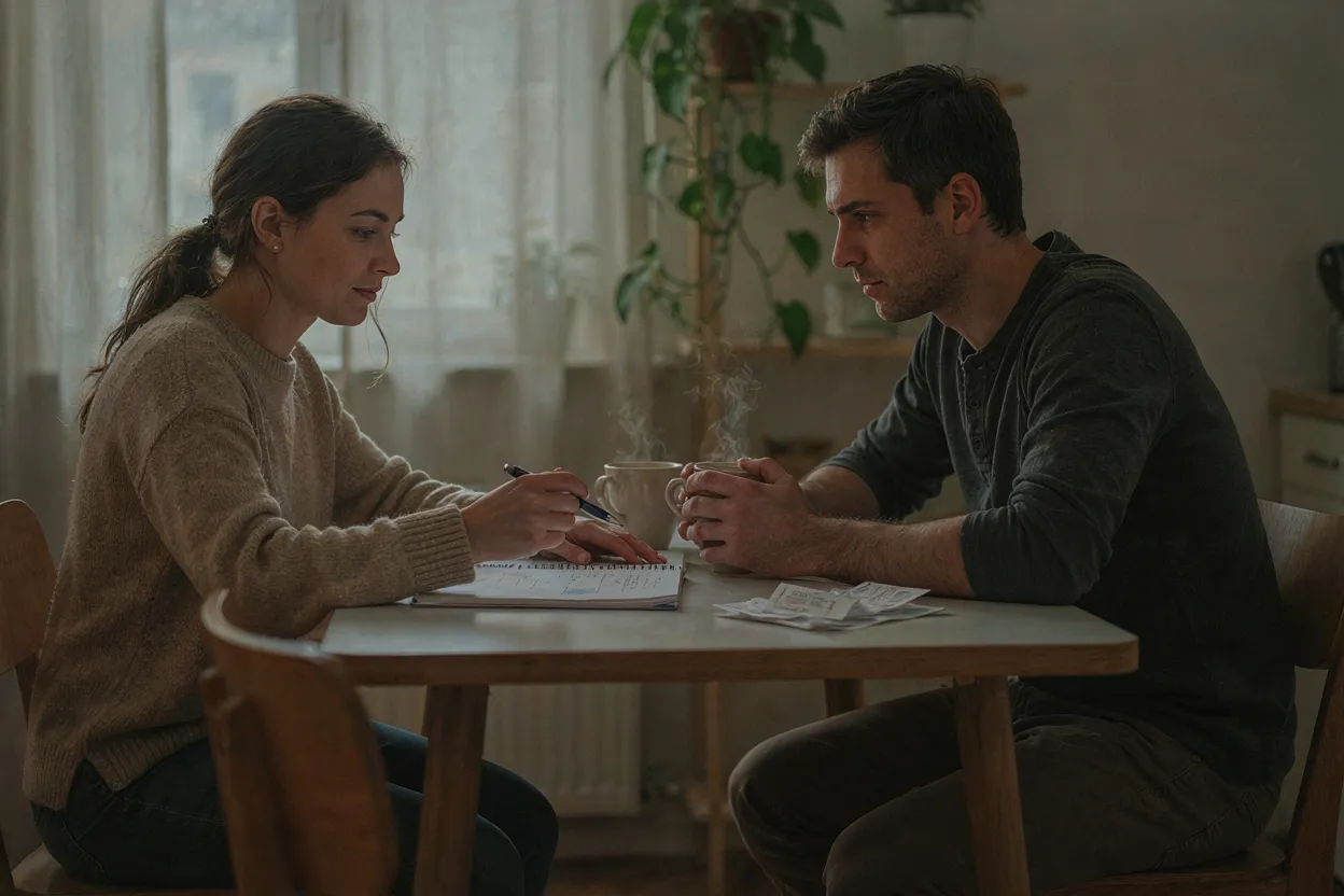 Two people sitting at a kitchen table talking about finances, looking engaged and collaborative rather than confrontational, warm overhead lighting