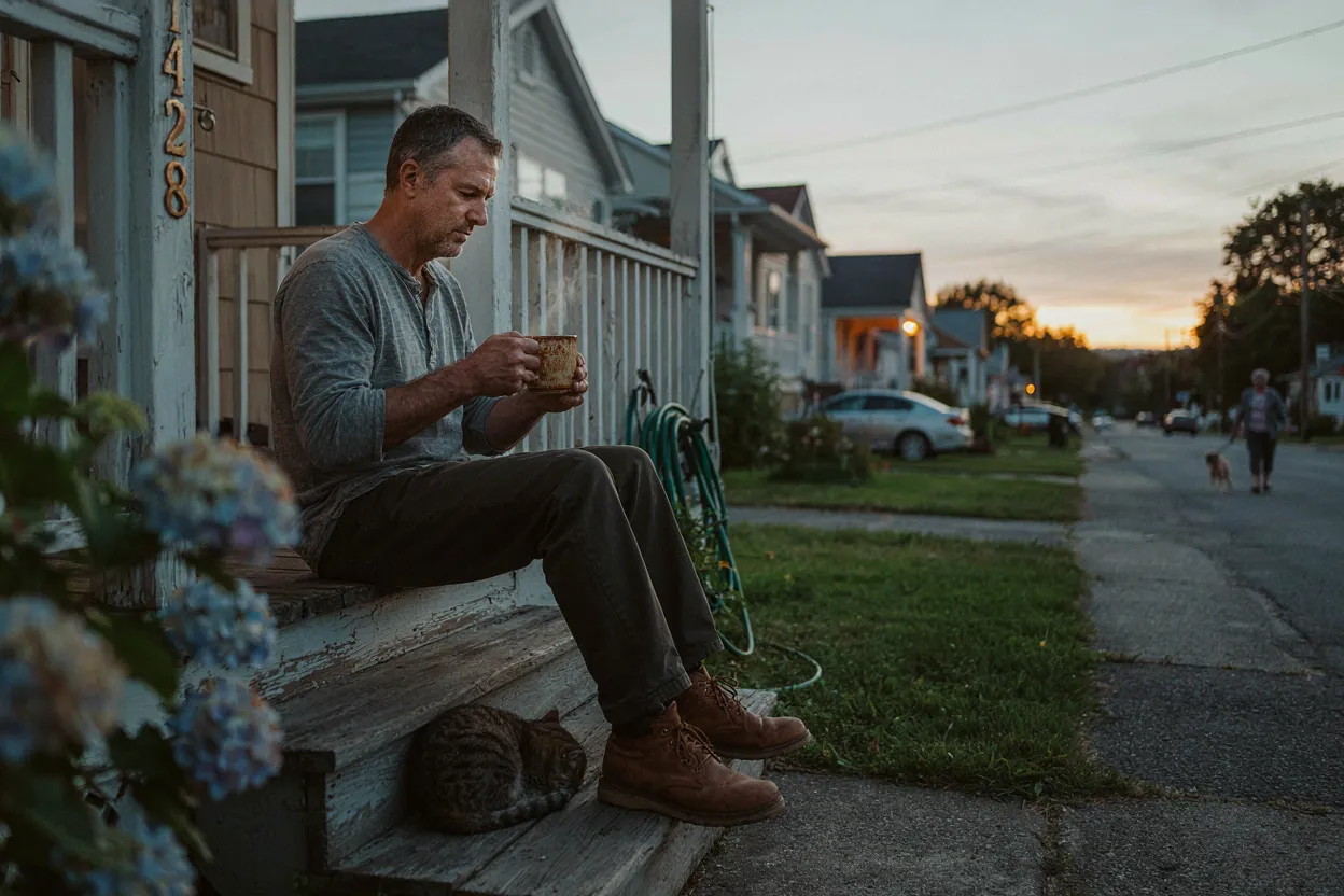 A person sitting on a porch in the morning light with a cup of coffee, looking calm and content, muted warm tones