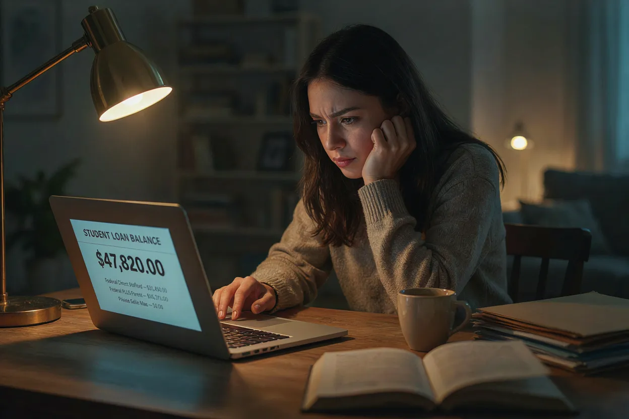 The debt isn't a moral failure. It's a structural reality. A person looking at a laptop showing student loan balances with a worried expression, warm desk lighting