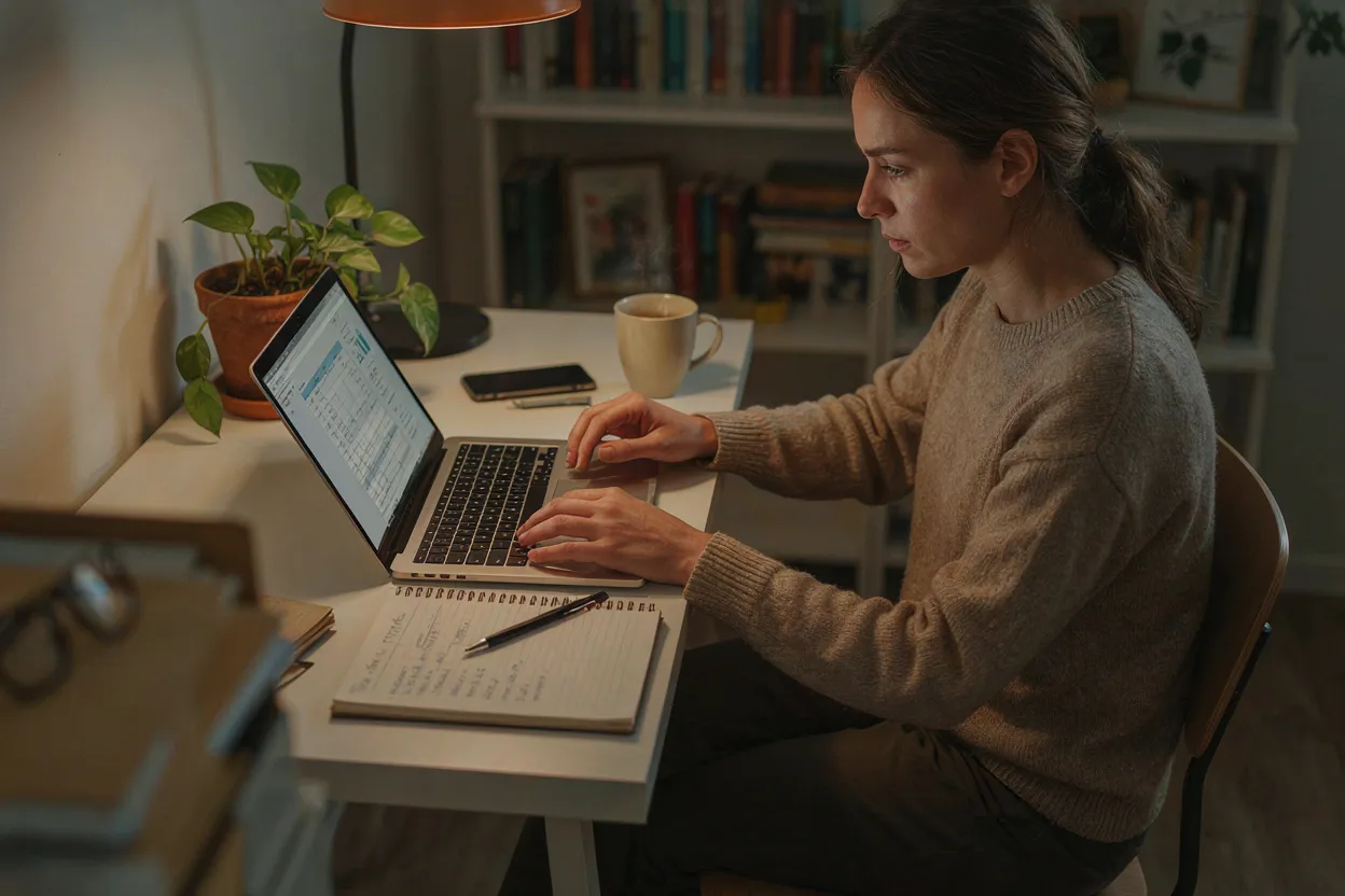 The plan isn't to catch up. It's to make progress given your reality. A person sitting at a desk with a laptop and a notebook, planning finances with a thoughtful expression, warm overhead lighting