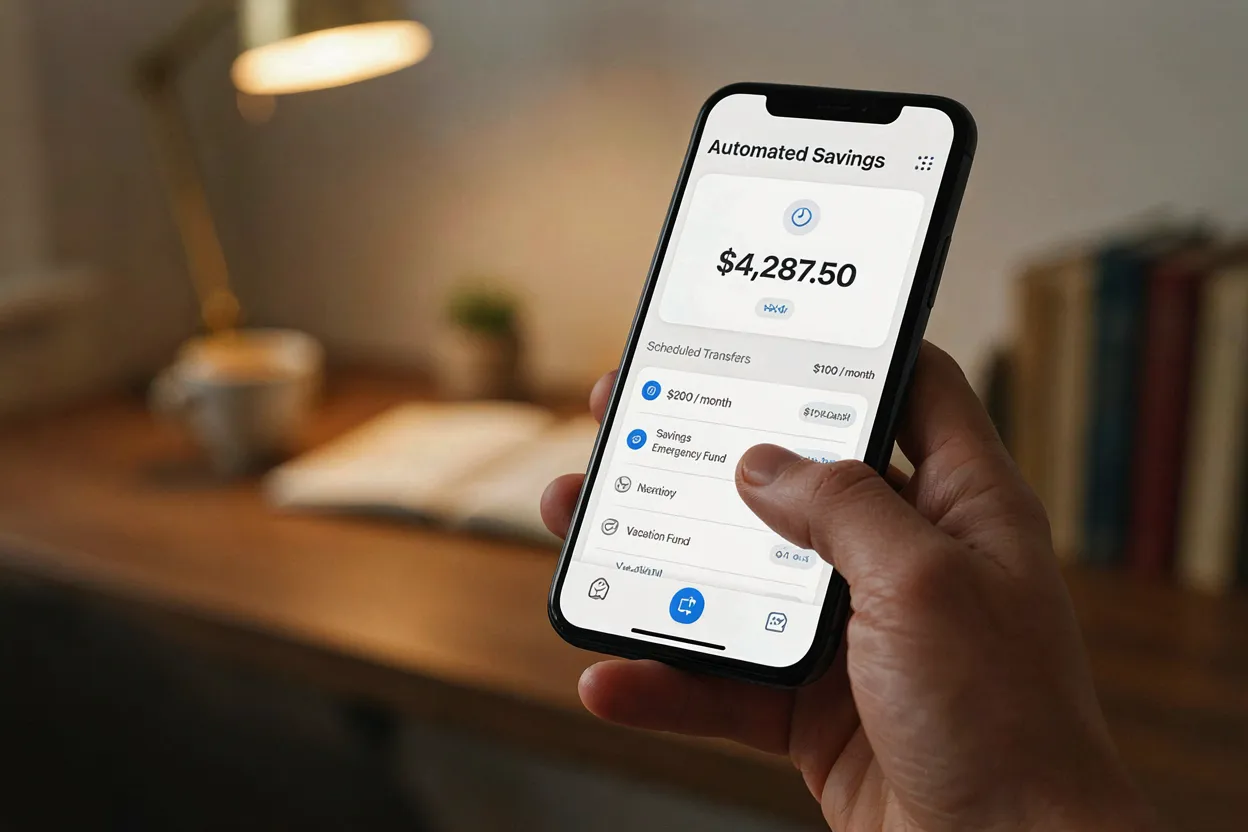 Automation removes the decision — and the willpower. A phone screen showing automated savings transfers scheduled, warm screen glow against a blurred home office background