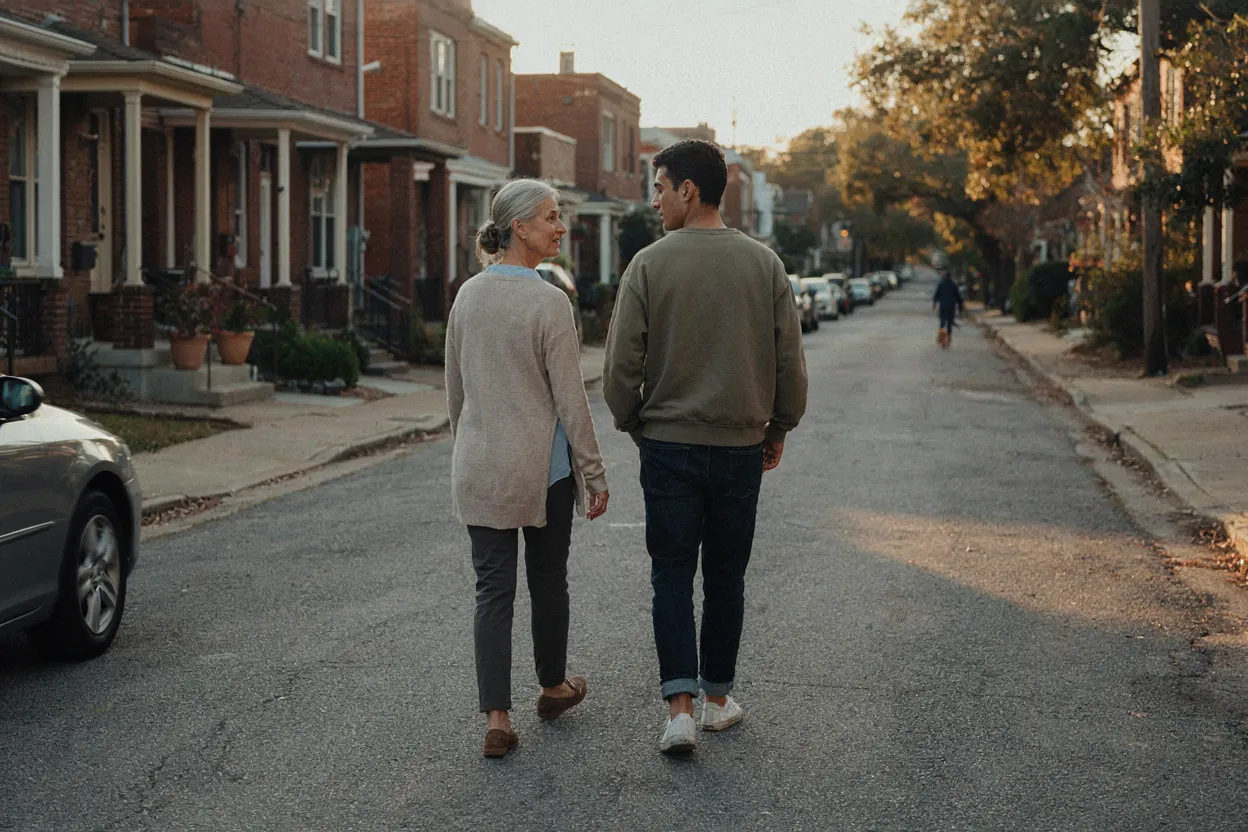 The conversation matters more than the comparison. An older person and younger person walking together outdoors, looking comfortable and connected, warm afternoon light