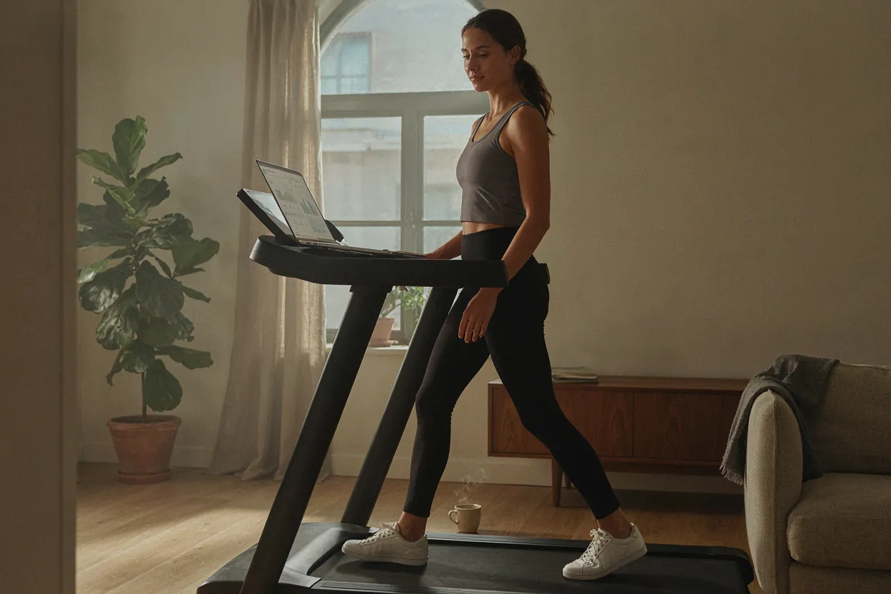 The treadmill isn't mechanical — it's psychological A person standing on a modern treadmill in a living room, looking at a laptop on the console, thoughtful expression