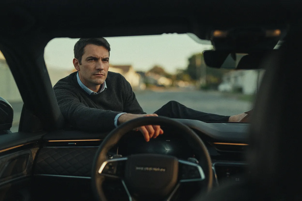 Even the new car fades faster than you expect A person sitting in a nice new car, gripping the steering wheel, looking slightly unsatisfied despite the upgrade