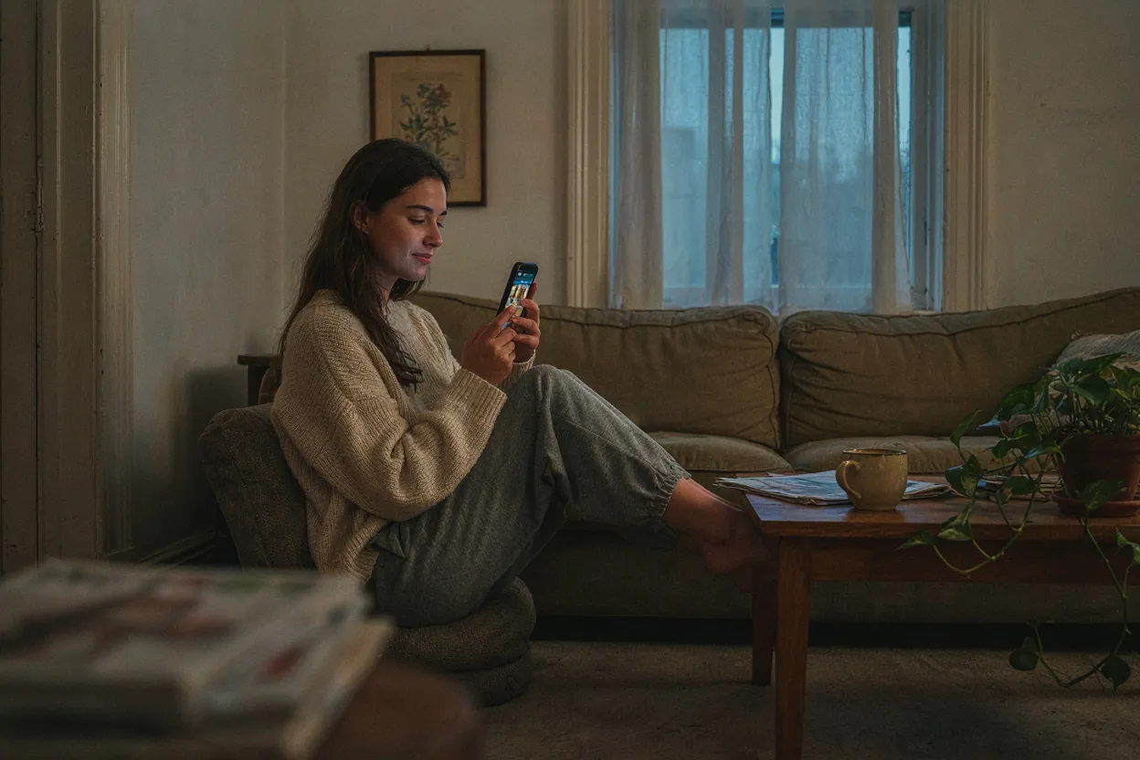 Your reference group is no longer the people you actually know A person looking at their phone showing social media posts of luxury lifestyles while sitting in a modest but comfortable living room