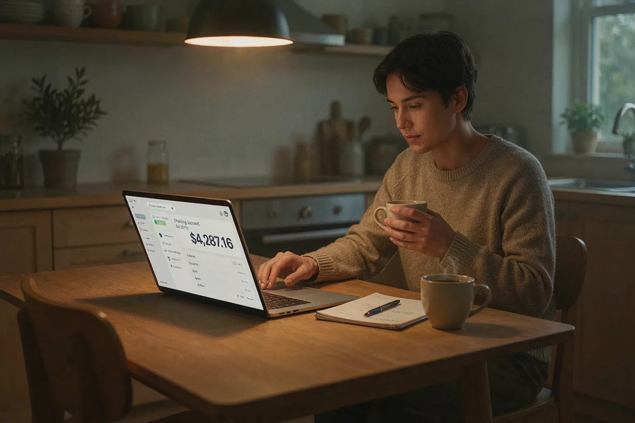 The cost isn't the spending — it's the feeling of never arriving A person sitting at a kitchen table looking at a laptop screen showing a bank balance, with a notepad and pen nearby, calm and thoughtful