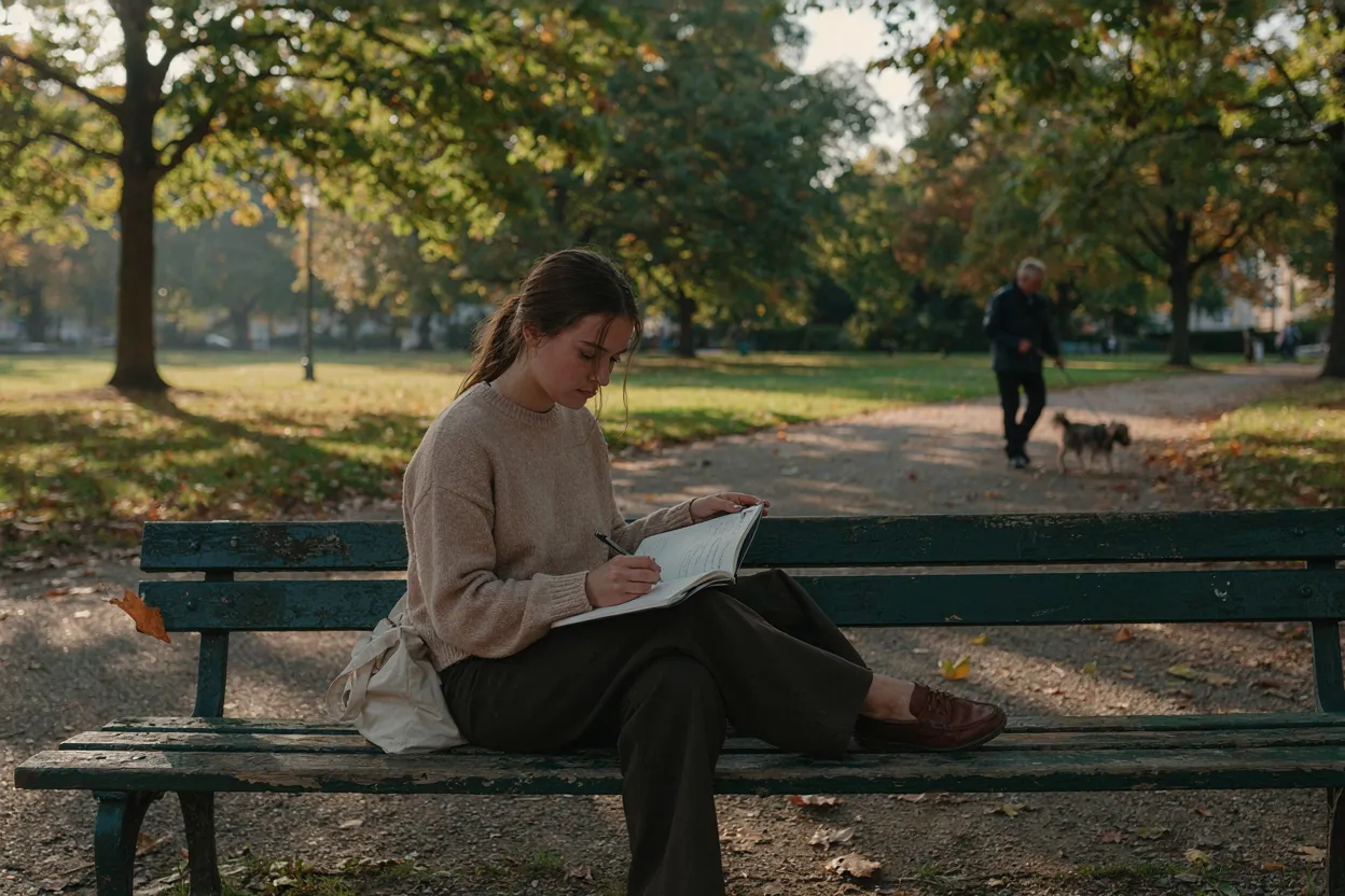 The intervention is noticing A person sitting on a park bench with a notebook, writing something down, looking peaceful and grounded