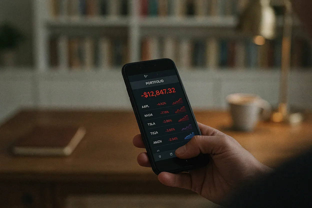A close-up of a hand holding a smartphone showing a stock portfolio app with red numbers, blurred home office background