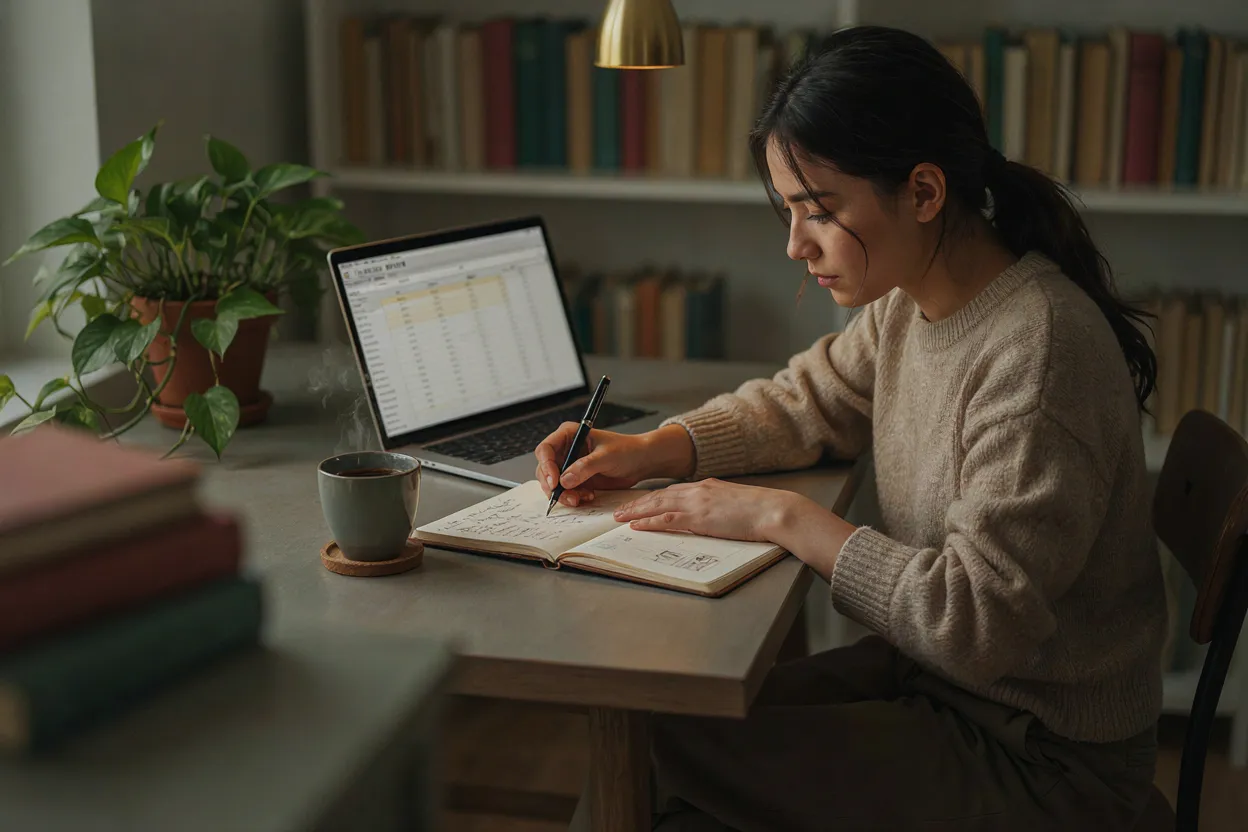A person sitting at a desk with a notebook open, writing deliberately, laptop showing a spreadsheet in the background
