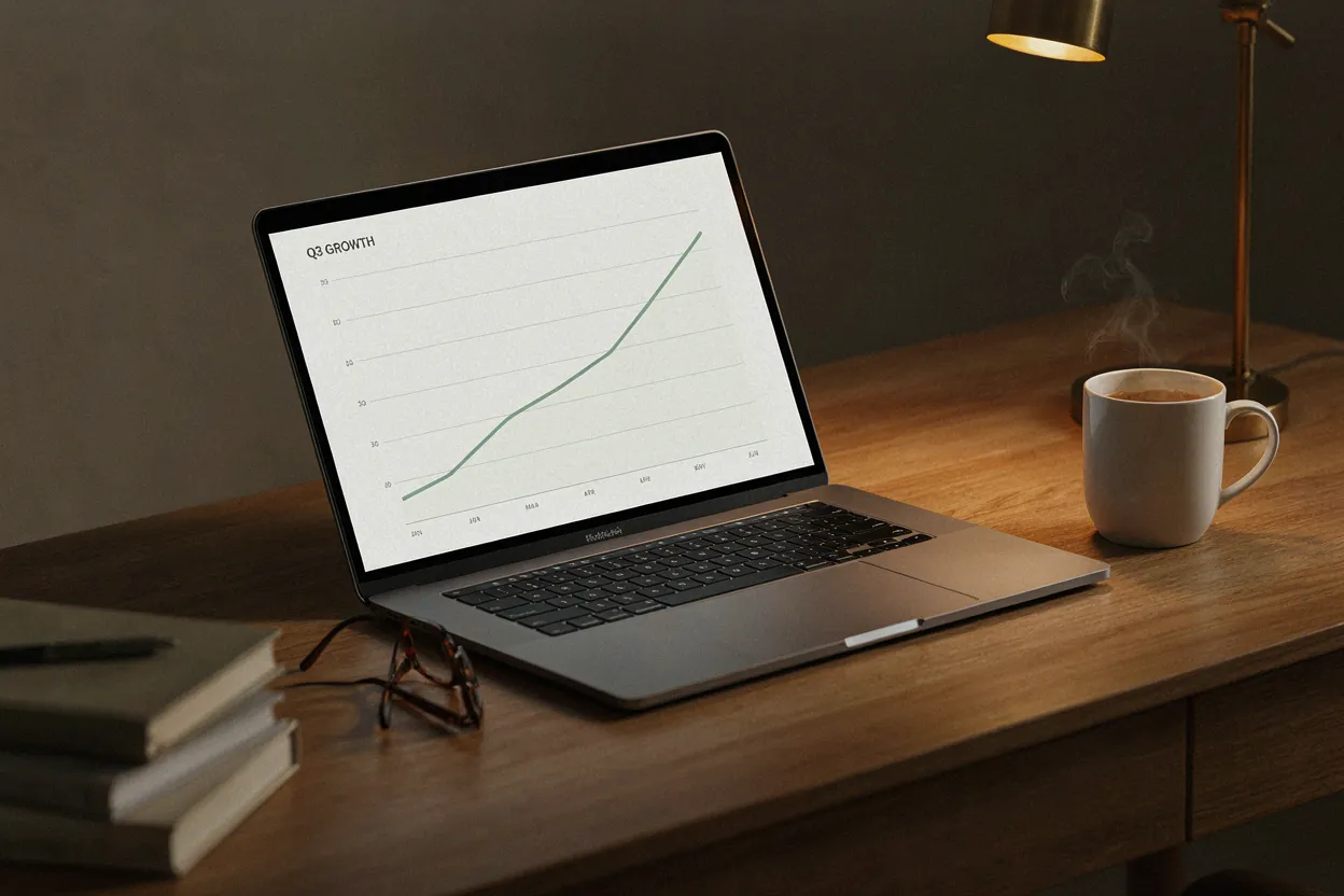 A laptop screen showing a simple line chart going up steadily over time, with a coffee mug beside it, warm desk lamp lighting