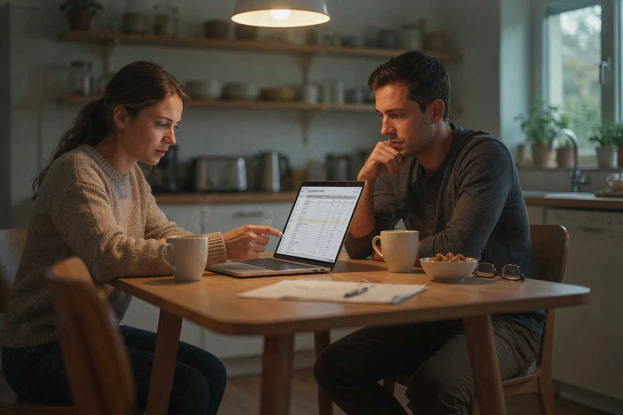 Two people sitting at a kitchen table, one showing the other a spreadsheet on a laptop, both looking engaged and thoughtful