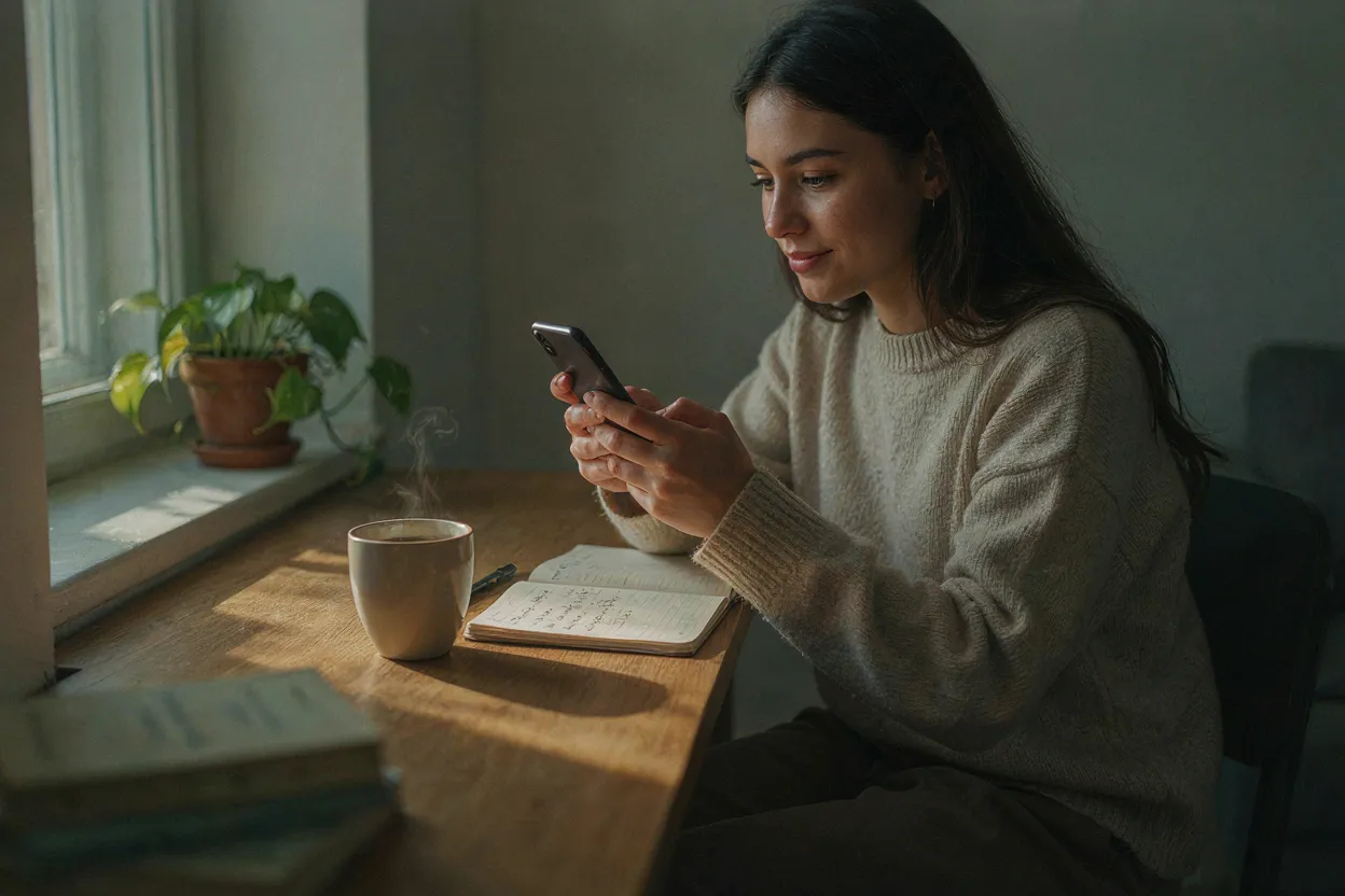 A person sitting at a desk in morning light, looking at their phone calmly, a notebook with investment rules visible beside them
