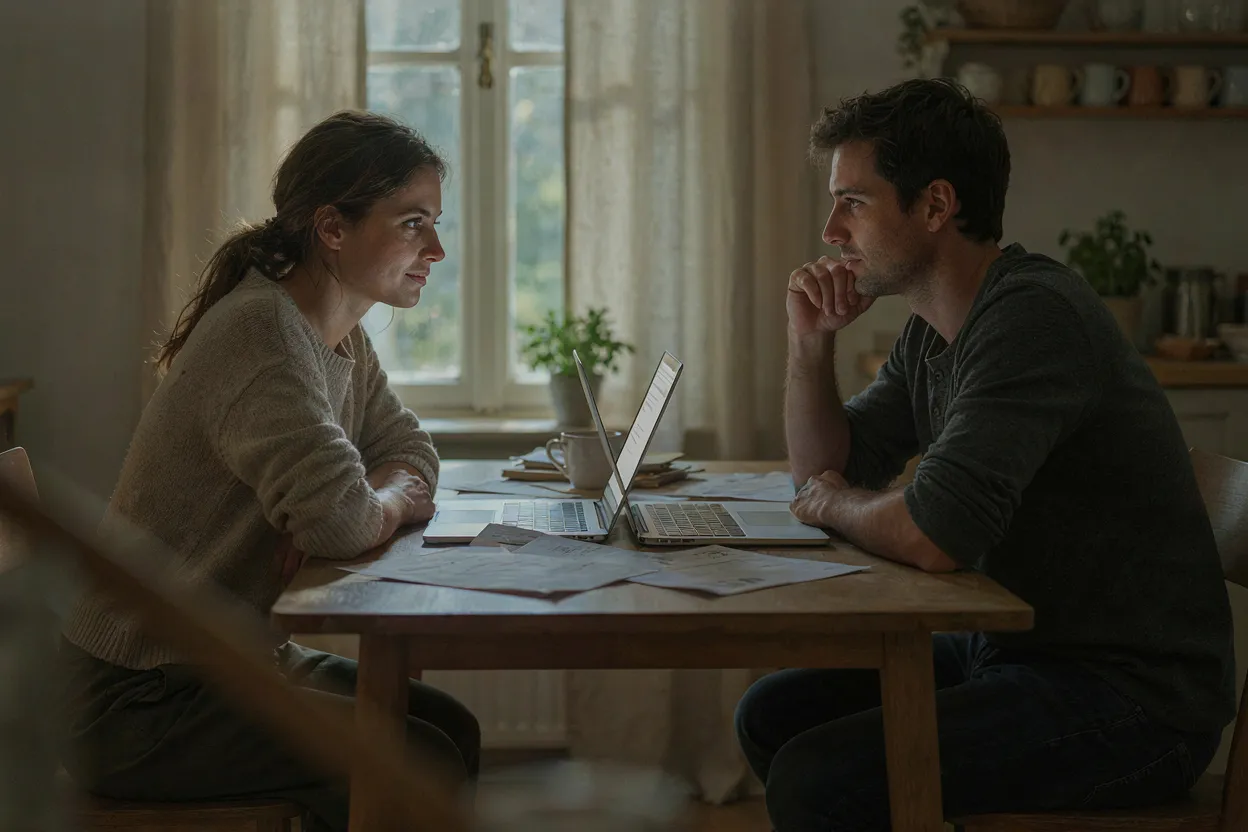 A couple sitting at a kitchen table with a laptop and papers between them, looking at each other rather than the screen