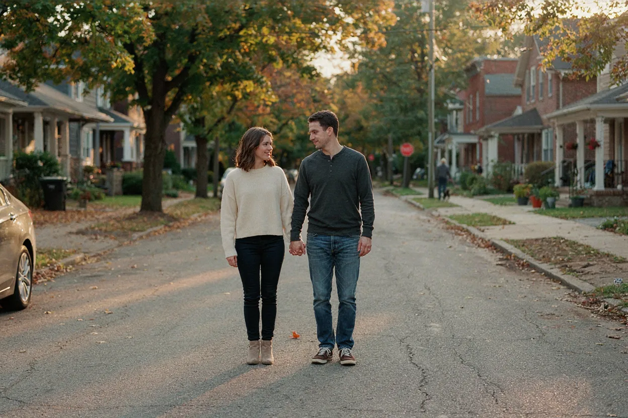 A couple walking together down a street, holding hands, looking relaxed and comfortable