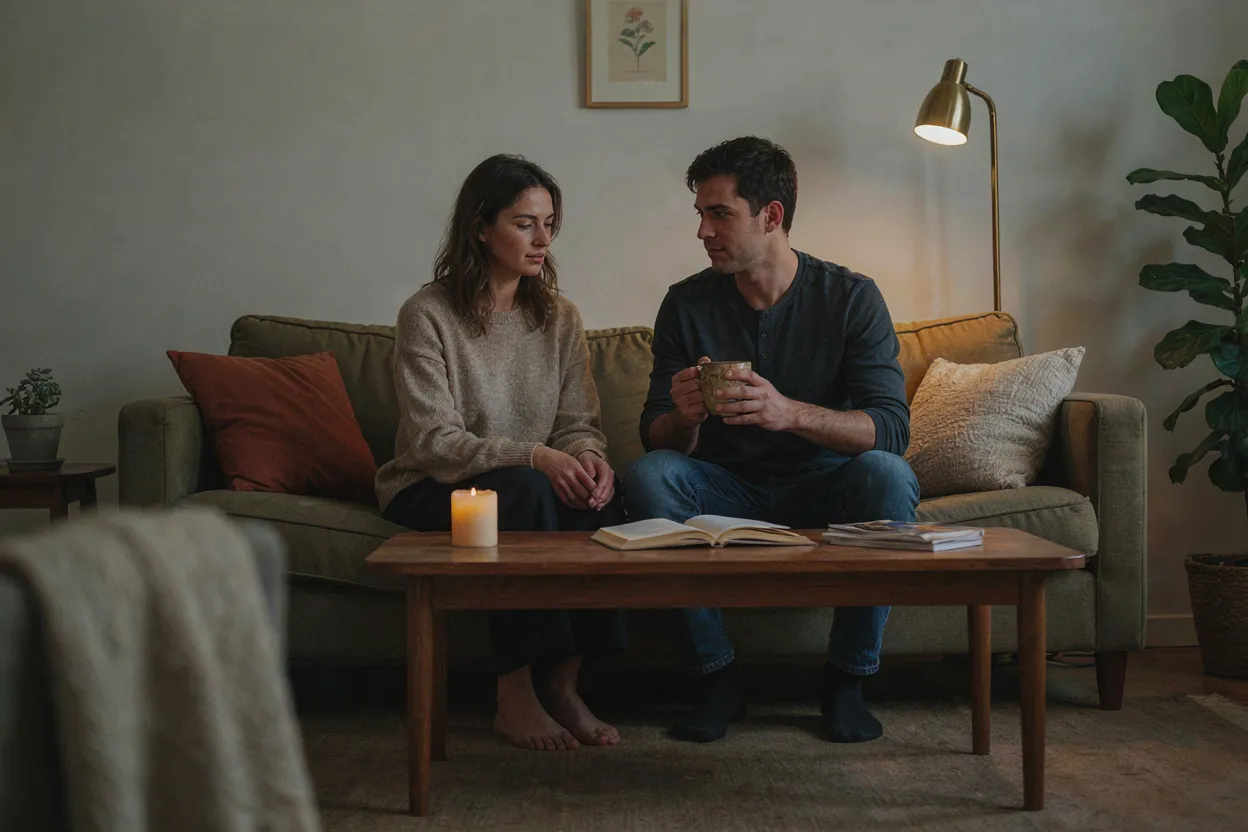 A couple sitting together on a couch, one looking thoughtful while the other holds a cup of tea, comfortable silence