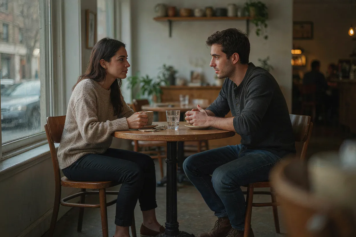 Two people sitting across from each other at a small table, having a calm focused conversation, both looking engaged and present