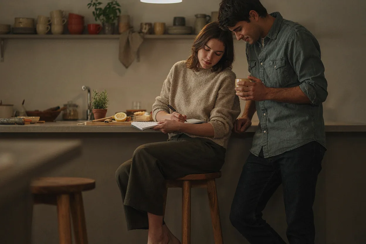 A couple at a kitchen counter, one writing in a notebook while the other looks on with interest, collaborative and warm
