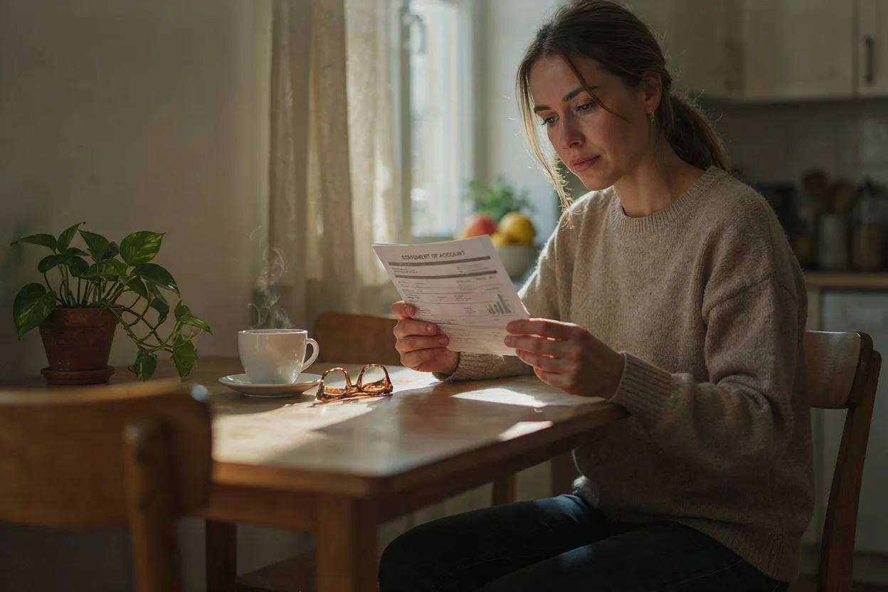 The statement isn't judgment. It's data. A person looking at a credit card statement at a kitchen table with a thoughtful expression, warm morning light