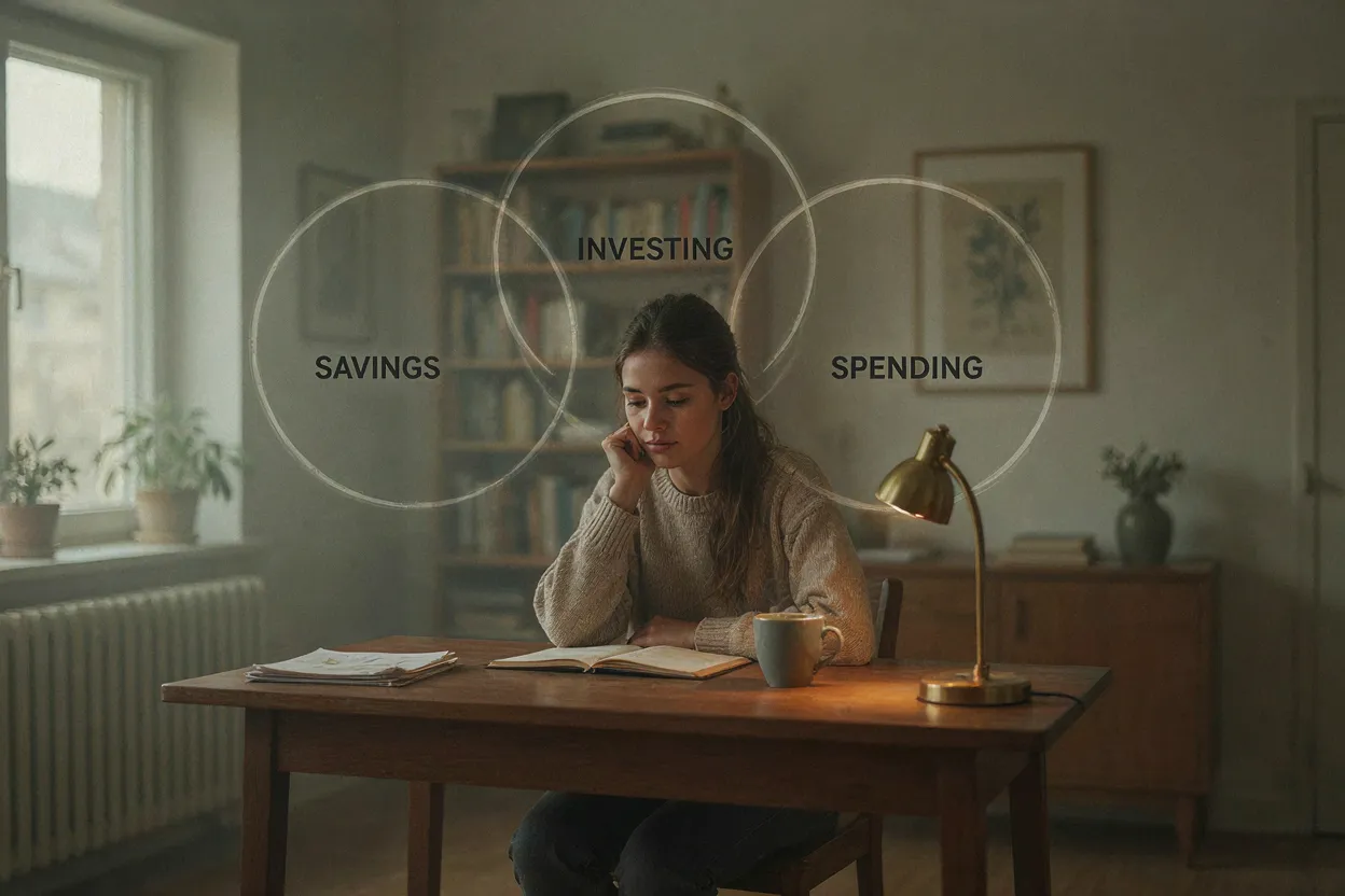 The identity isn't the problem. The unconscious one is. Three overlapping circles labeled saver spender investor with a person in the center, warm overhead lighting