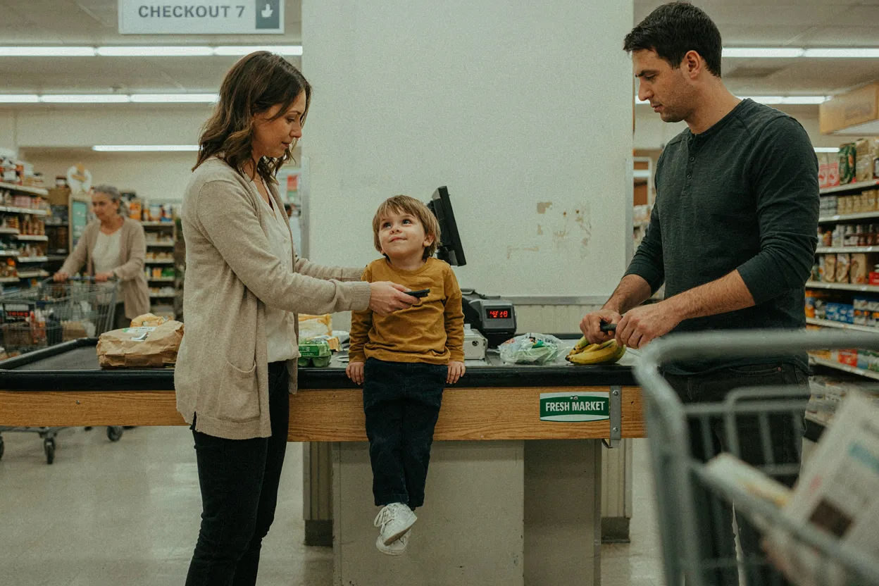 The money story was written before you could read. A child watching their parents pay for groceries at a store, looking thoughtful, warm store lighting