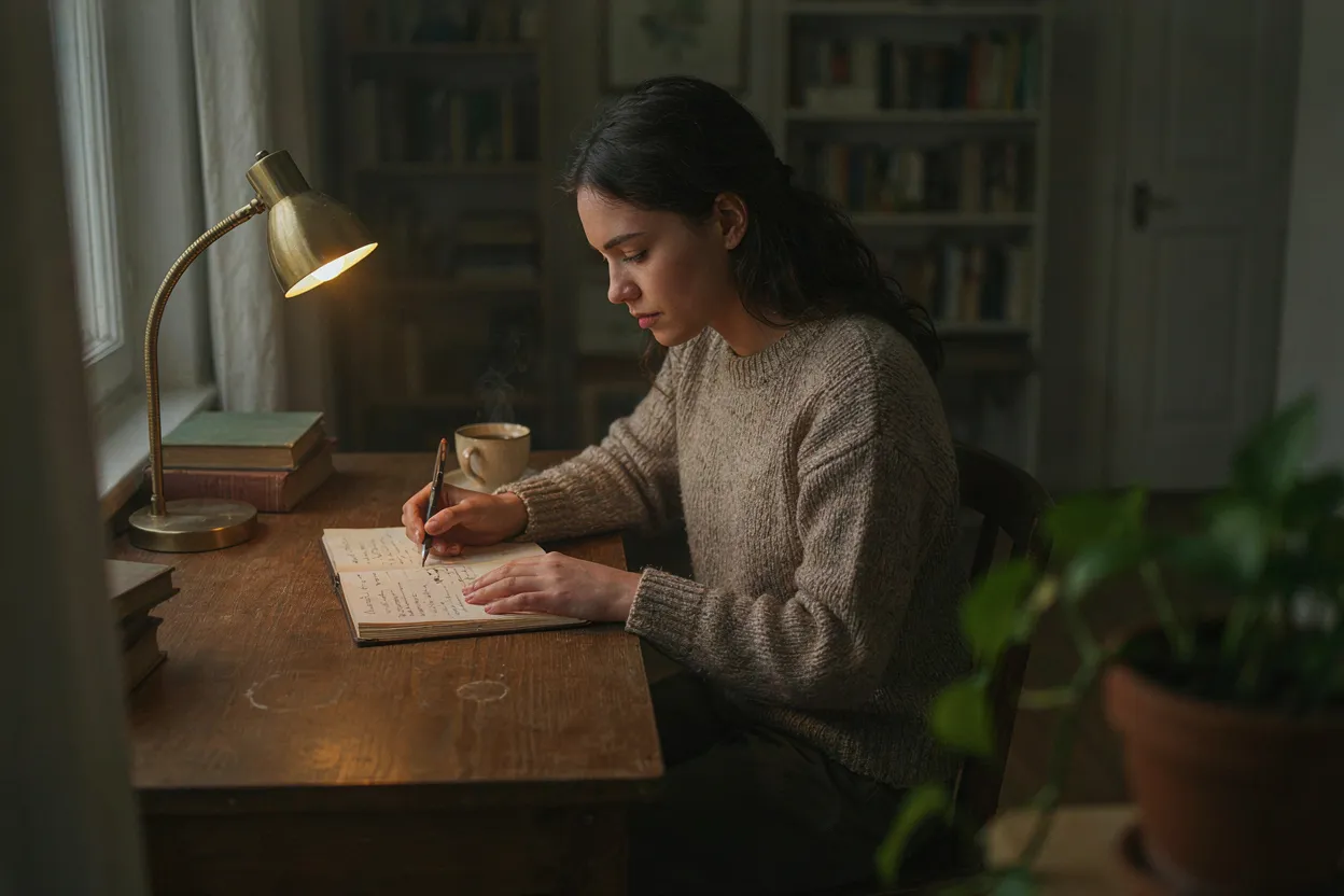The question isn't 'is this good?' It's 'is this me?' A person writing in a journal at a desk with a cup of coffee, looking thoughtful, warm desk lamp lighting