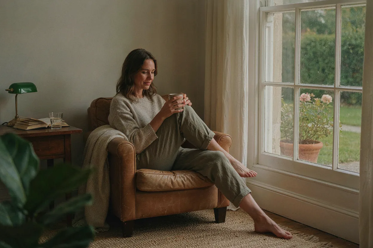 The mirror isn't there to judge. It's there to inform. A person sitting in a comfortable chair looking out a window with a calm expression, warm afternoon light