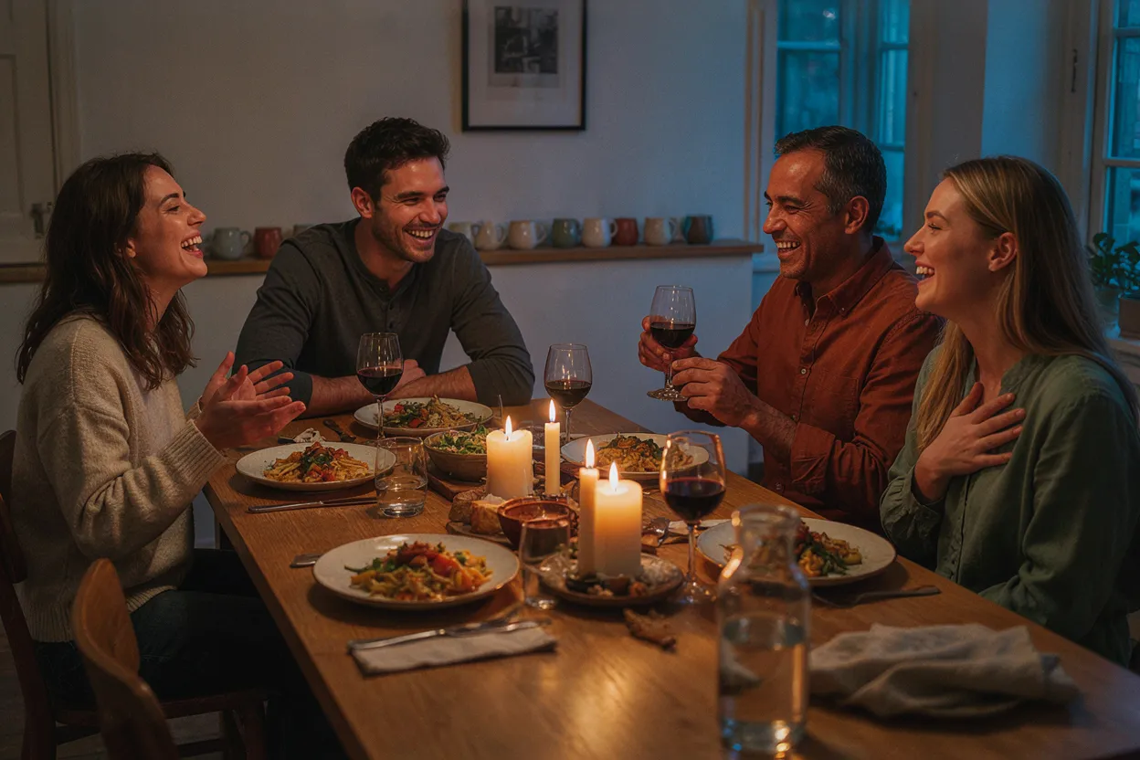 What emotional wealth actually looks like Friends laughing around a dinner table — richness that has nothing to do with money